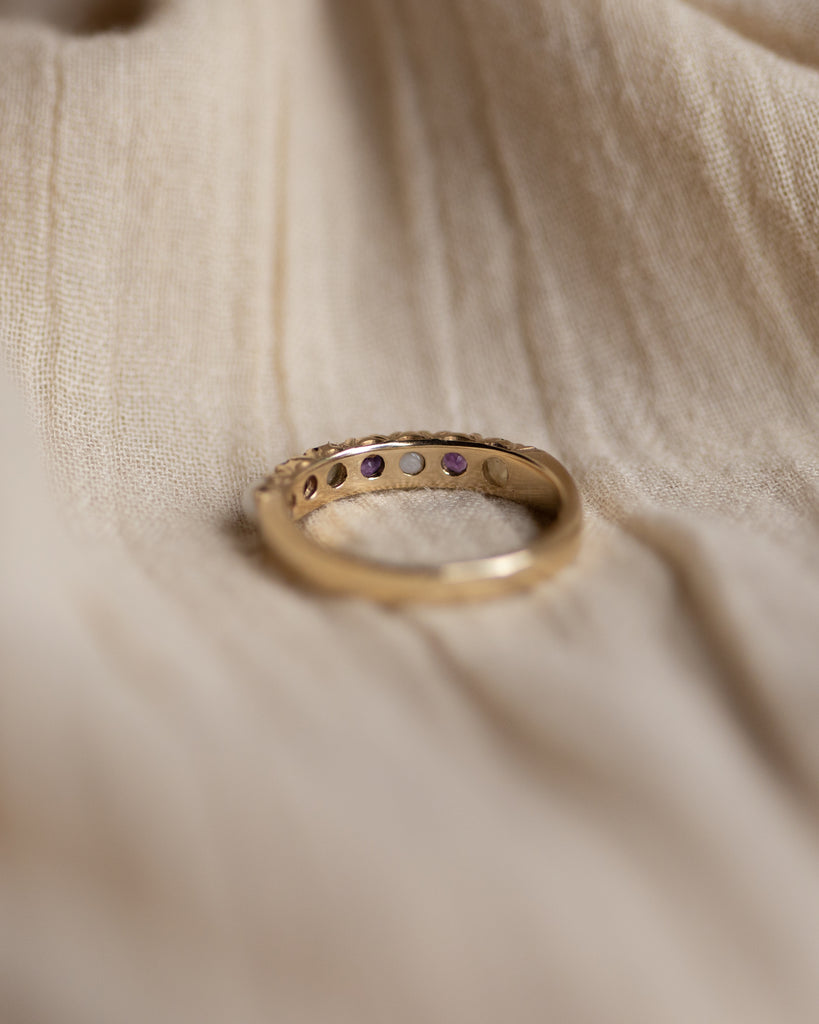 Leontine 1978 Vintage 9ct Gold Amethyst & Pearl Half Eternity Ring