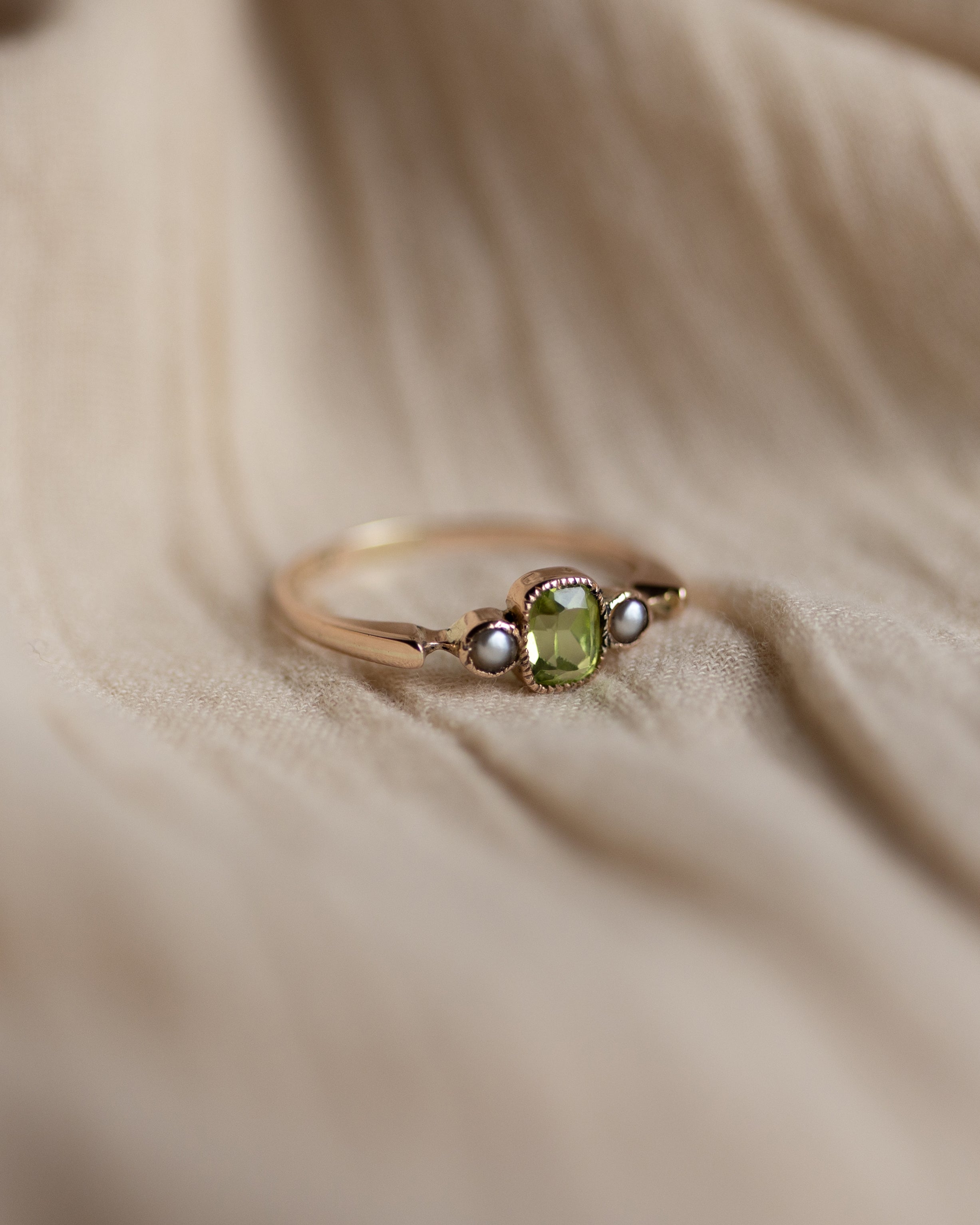 Madeline 1910 Antique 9ct Gold Peridot & Pearl Trilogy Ring