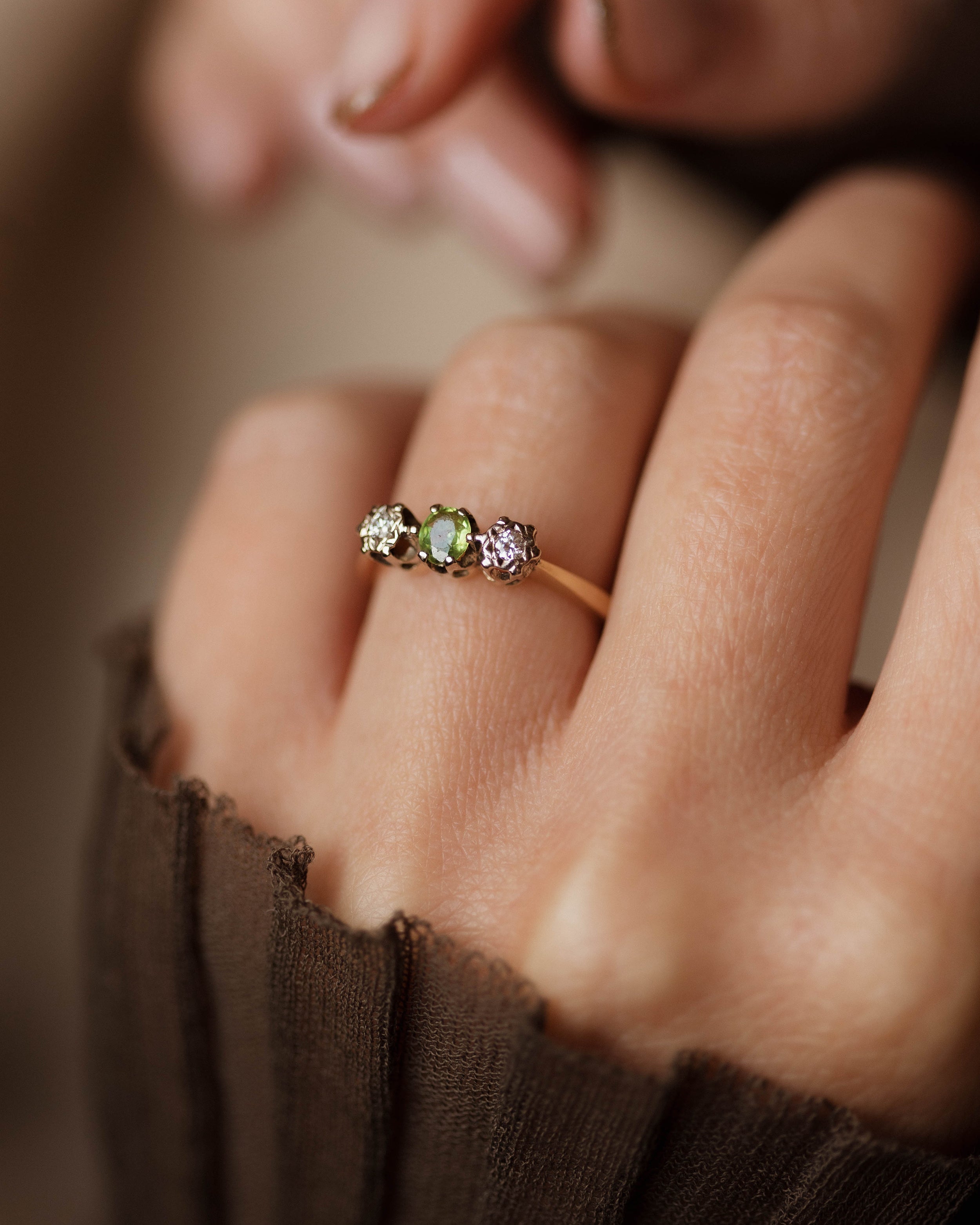 Christiane Vintage 18ct Gold Peridot & Diamond Trilogy Ring