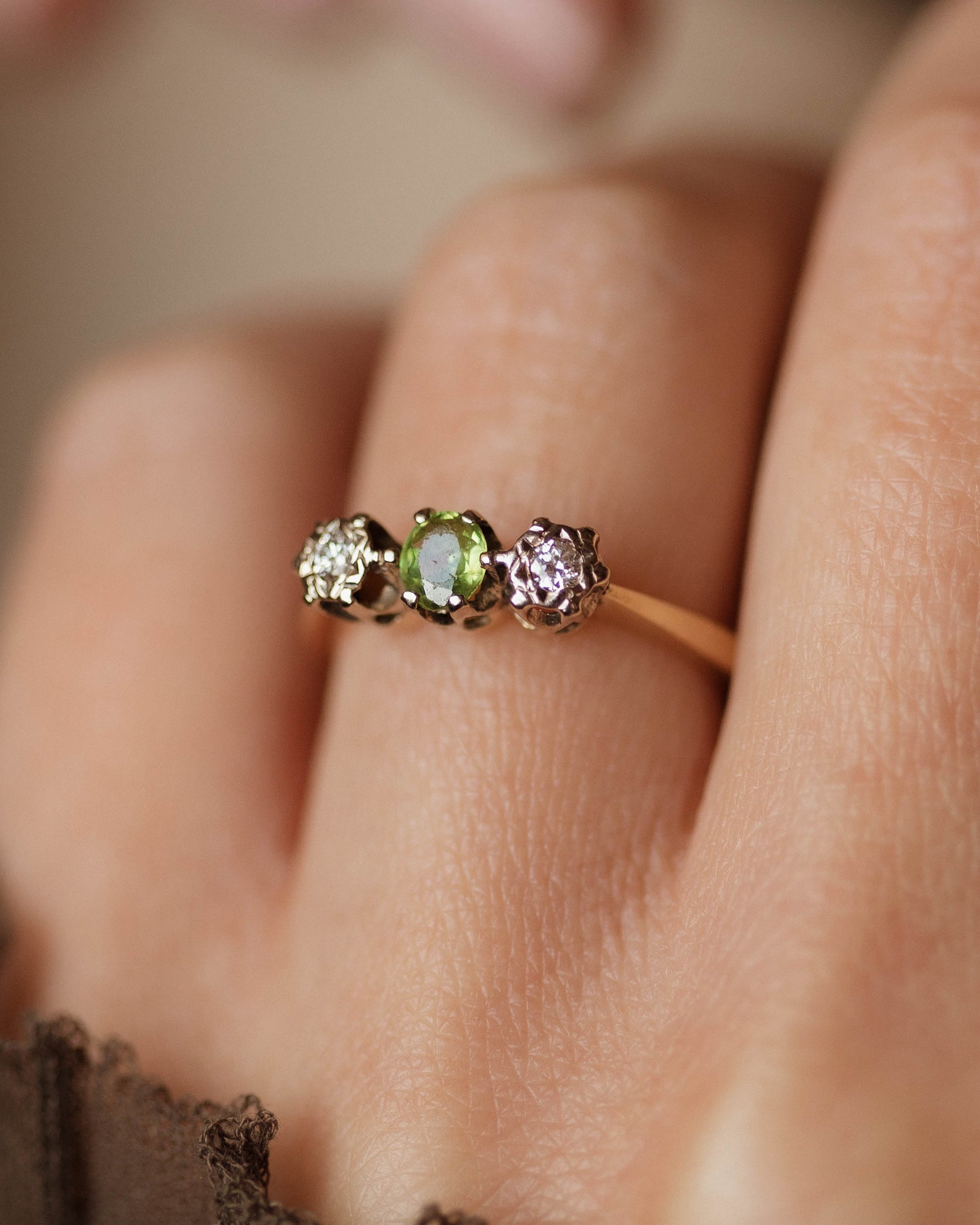 Christiane Vintage 18ct Gold Peridot & Diamond Trilogy Ring