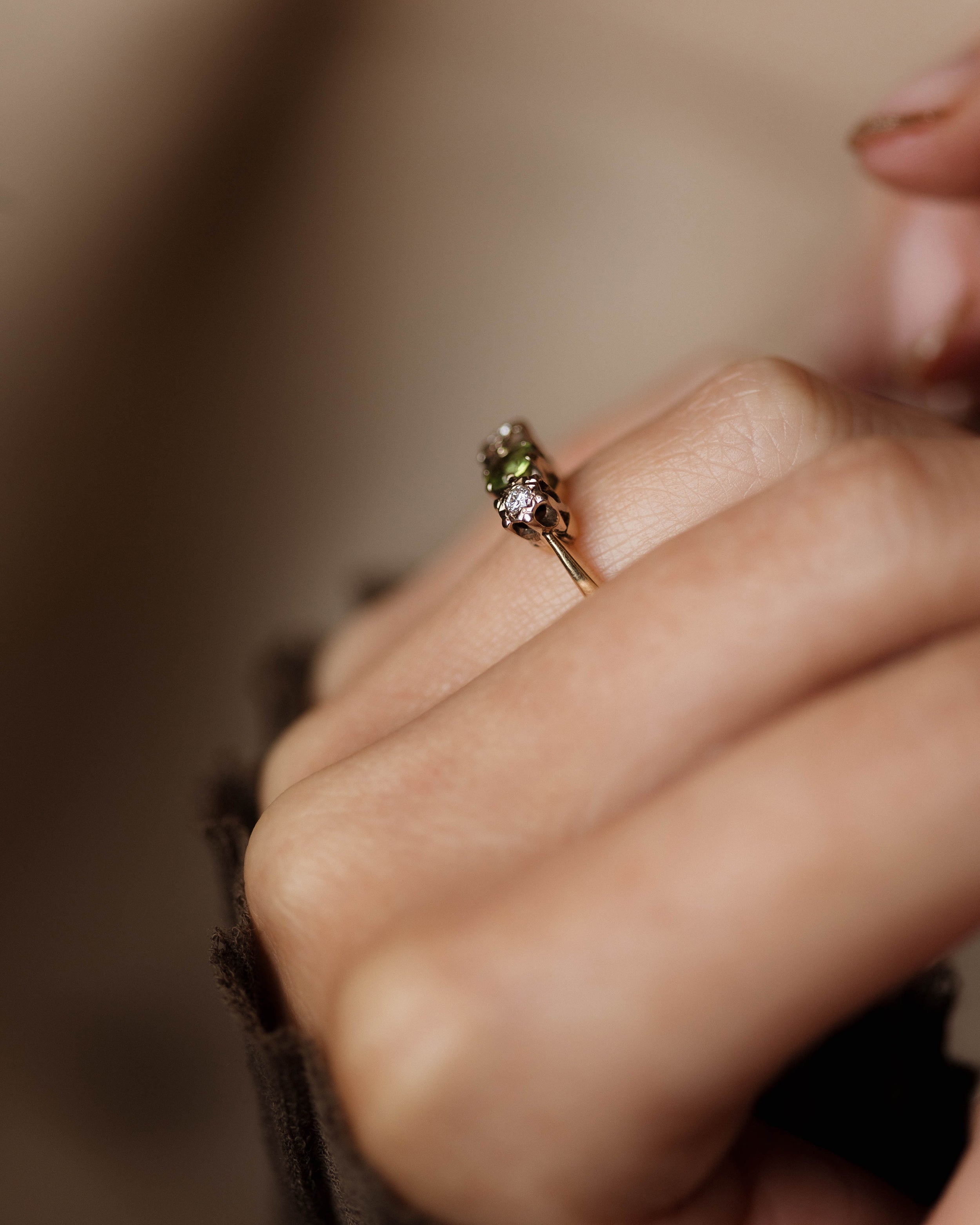 Christiane Vintage 18ct Gold Peridot & Diamond Trilogy Ring