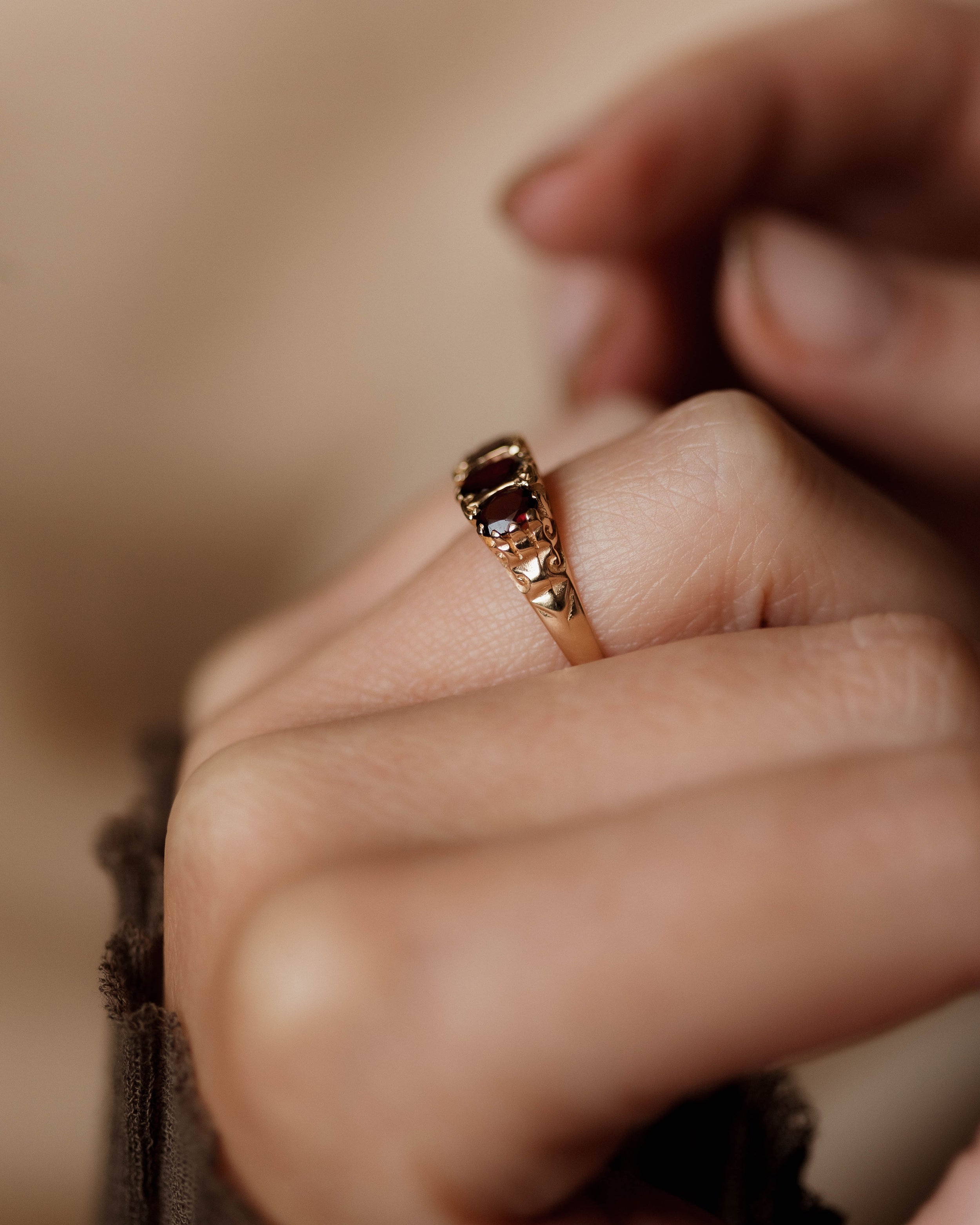 Harriet 1975 Vintage 9ct Gold Garnet Trilogy Ring