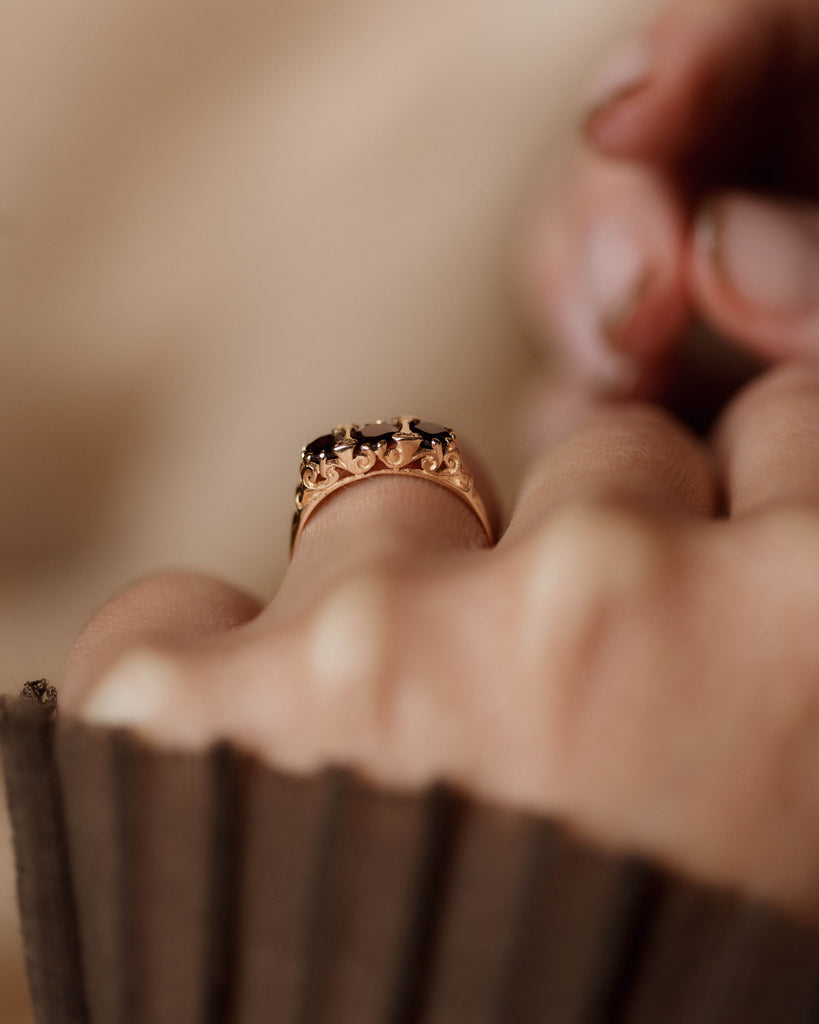 Harriet 1975 Vintage 9ct Gold Garnet Trilogy Ring