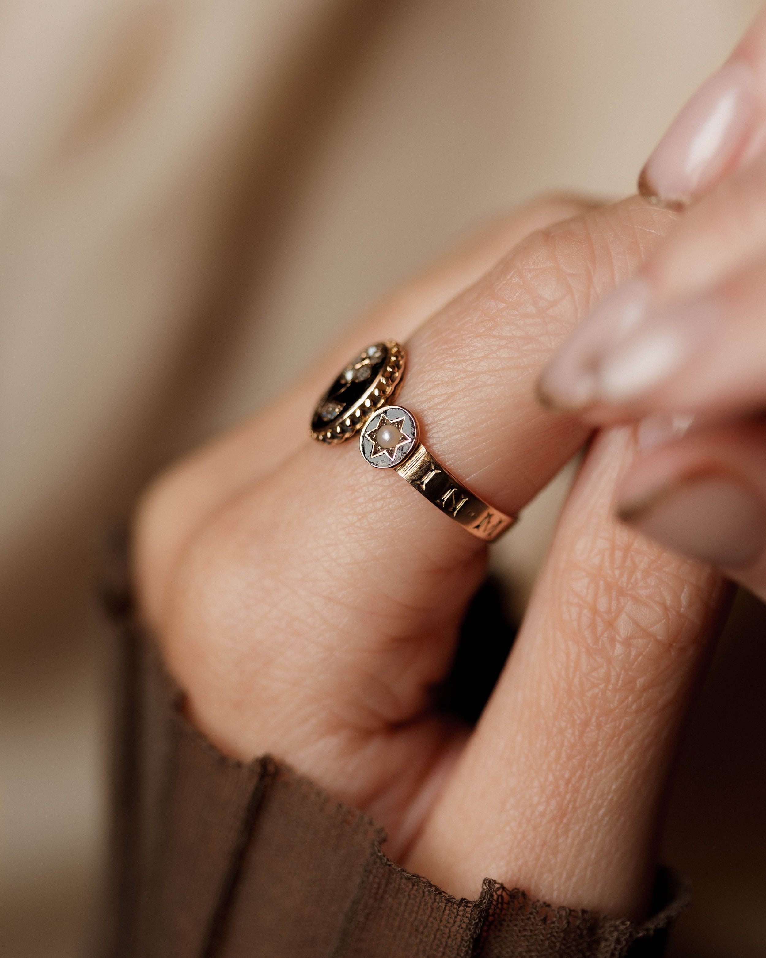 Ernestine Antique 15ct Gold Black Enamel, Pearl & Diamond Mourning Ring