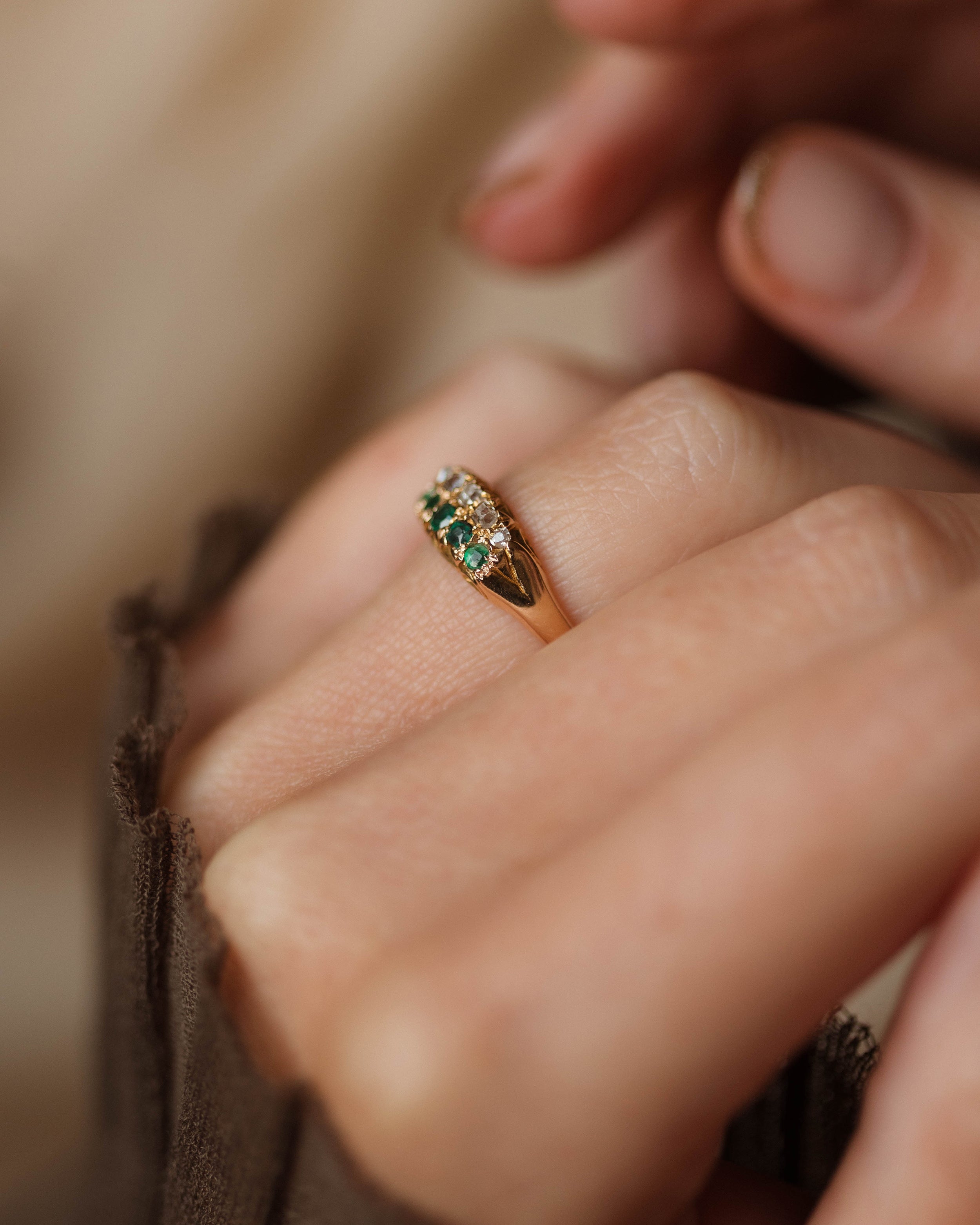 Ellen Antique 18ct Gold Emerald & Diamond Ten Stone Ring