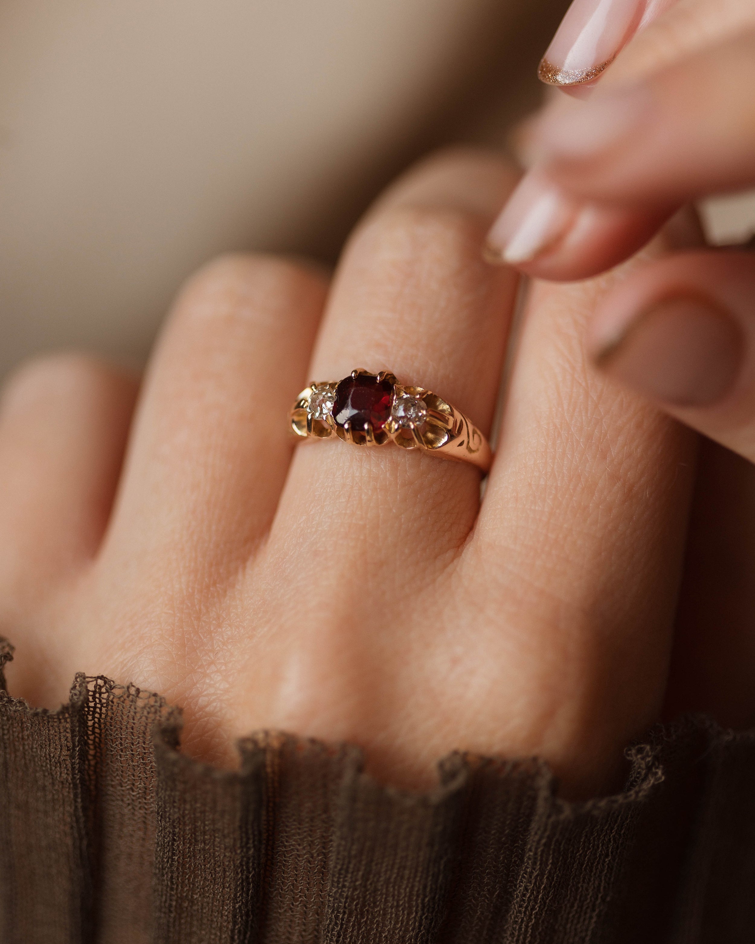 Image of Catalina Antique 9ct Gold Garnet & Diamond Trilogy Ring