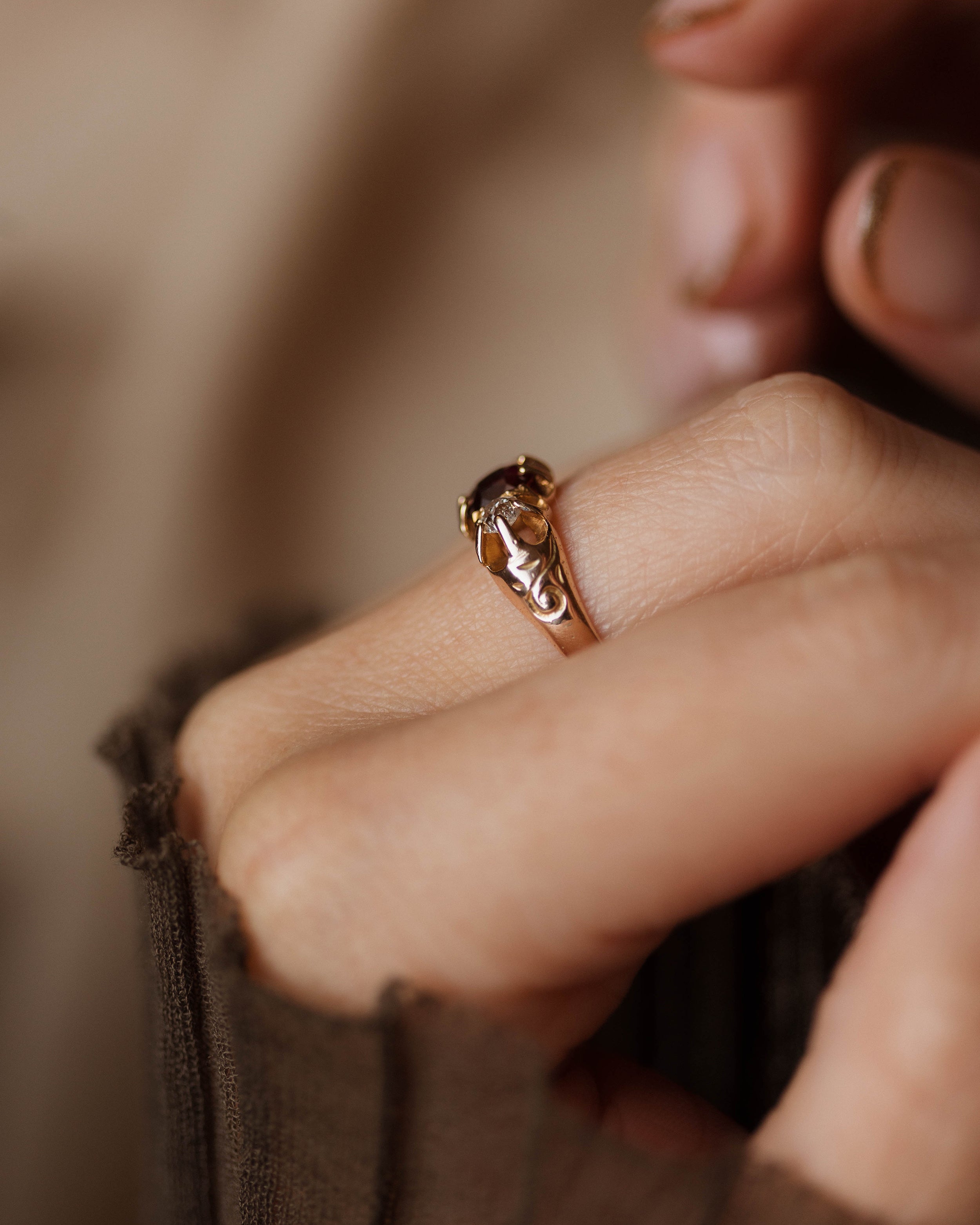 Catalina Antique 9ct Gold Garnet & Diamond Trilogy Ring