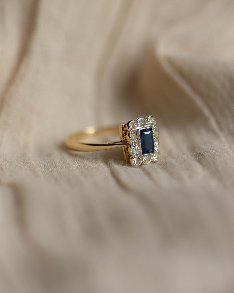 Éliane Antique 18ct Gold Sapphire & Diamond Rectangular Cluster Ring