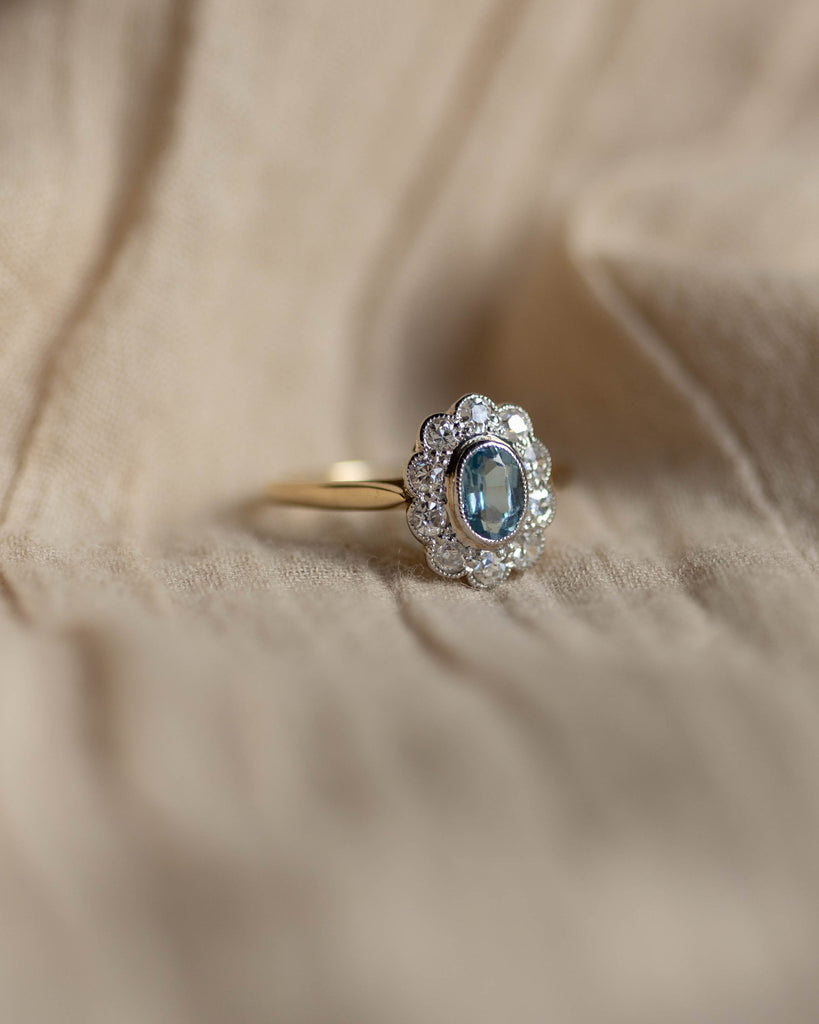 Beatrice Antique 18ct Gold Aquamarine & Diamond Cluster Ring