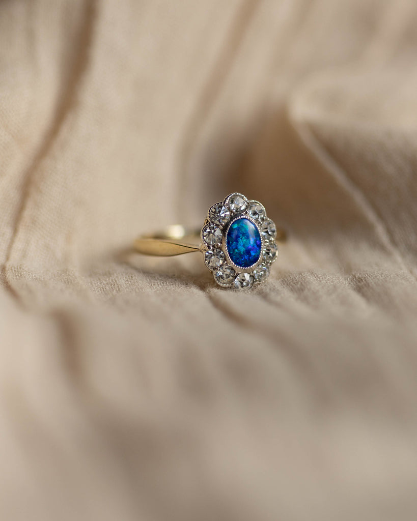 Babette Antique 9ct Gold Black Opal & Paste Cluster Ring