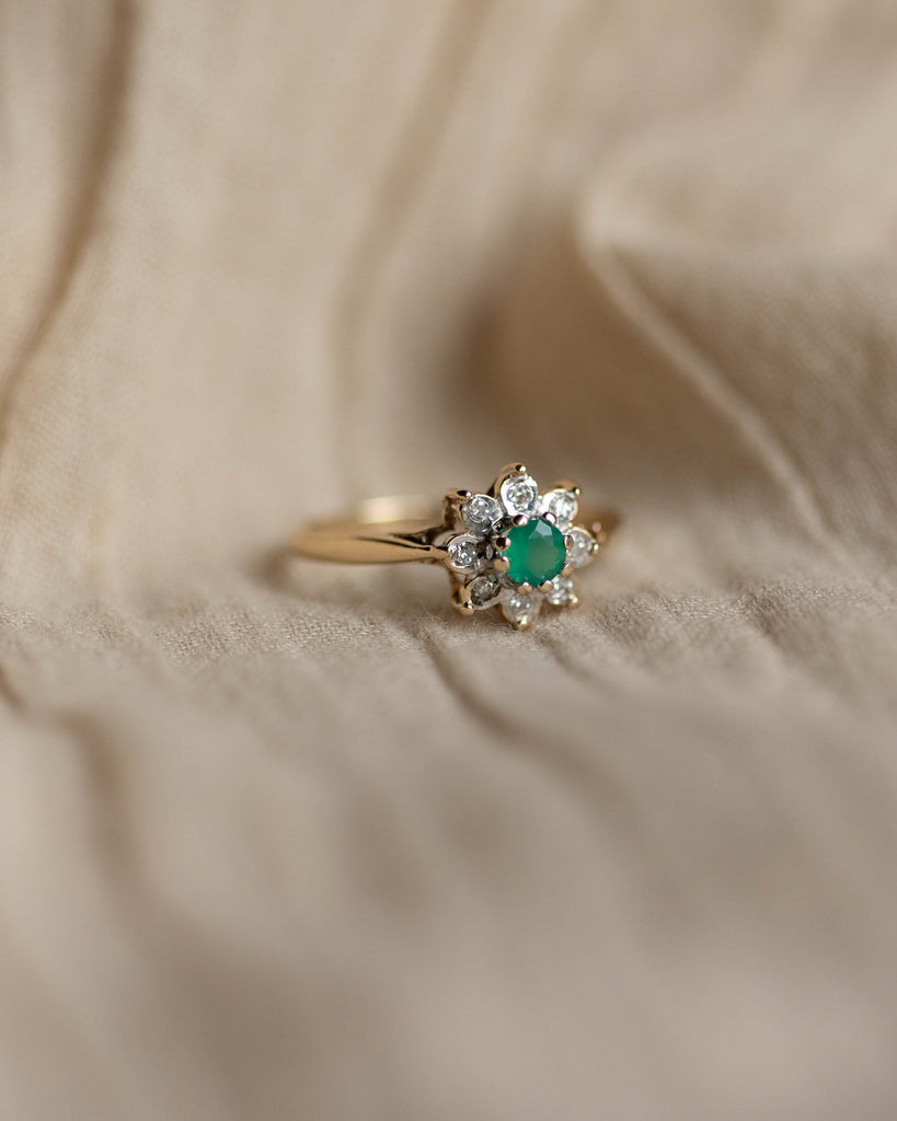 Martine 1973 Vintage 9ct Gold Emerald & Diamond Cluster Ring