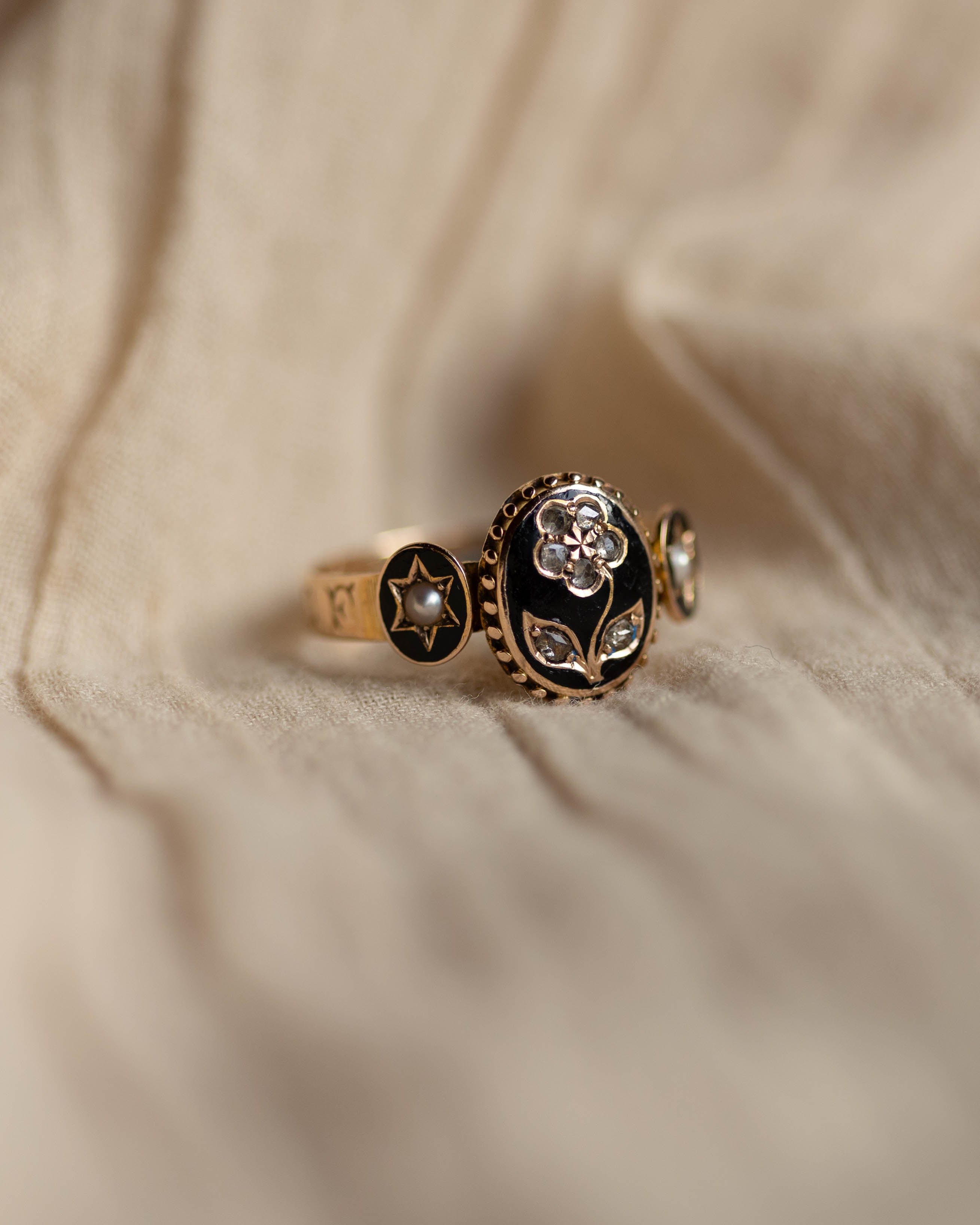 Ernestine Antique 15ct Gold Black Enamel, Pearl & Diamond Mourning Ring