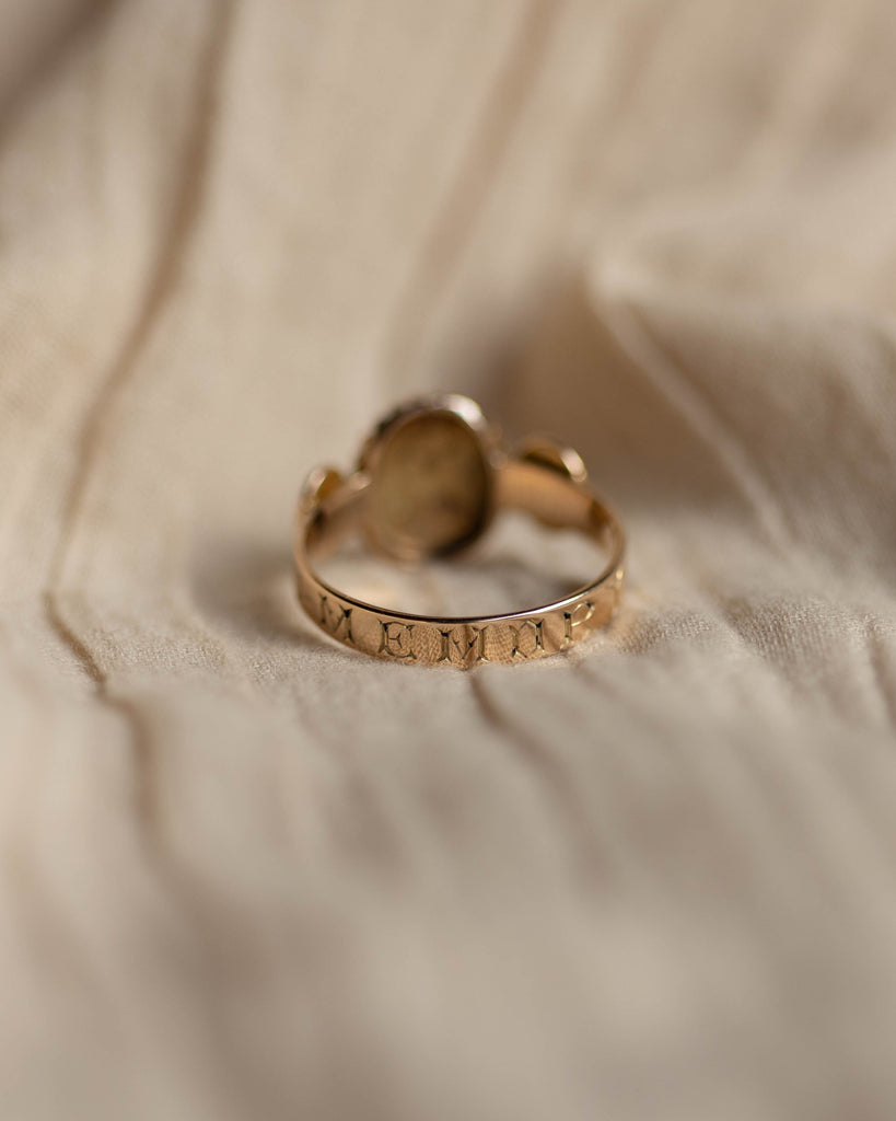 Ernestine Antique 15ct Gold Black Enamel, Pearl & Diamond Mourning Ring