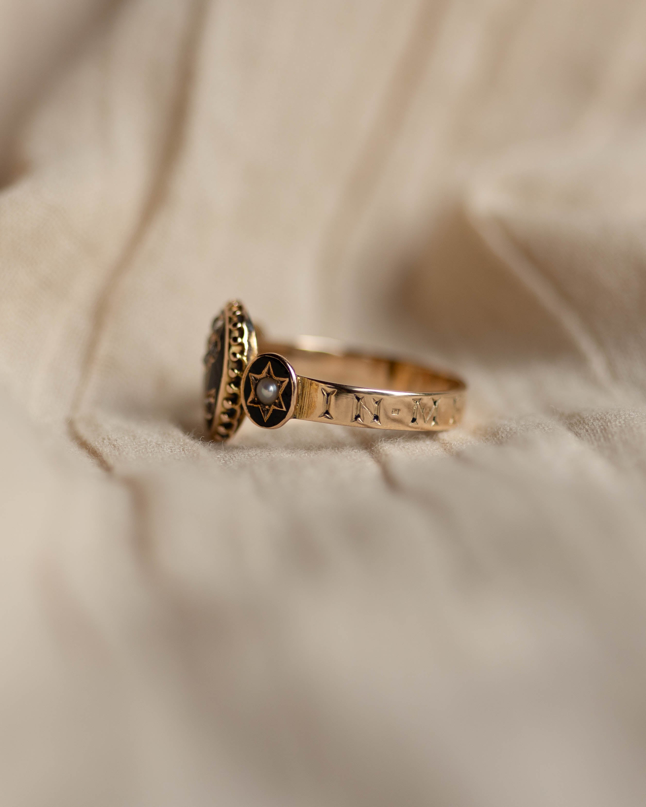 Ernestine Antique 15ct Gold Black Enamel, Pearl & Diamond Mourning Ring
