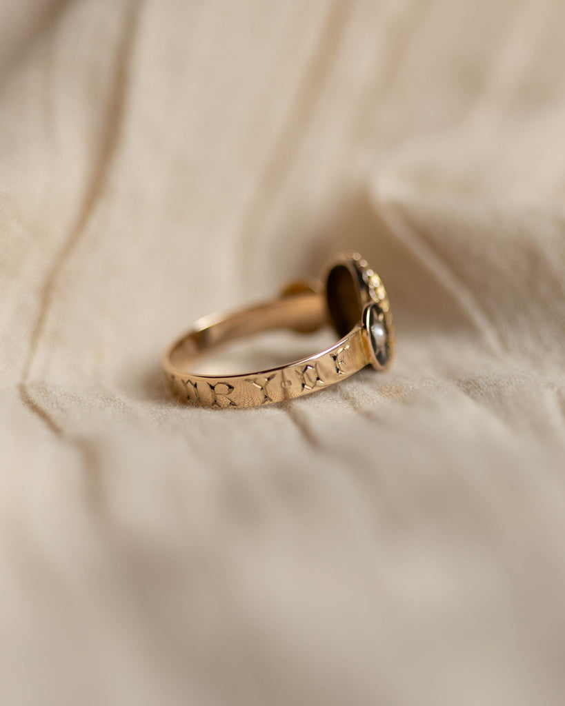 Ernestine Antique 15ct Gold Black Enamel, Pearl & Diamond Mourning Ring
