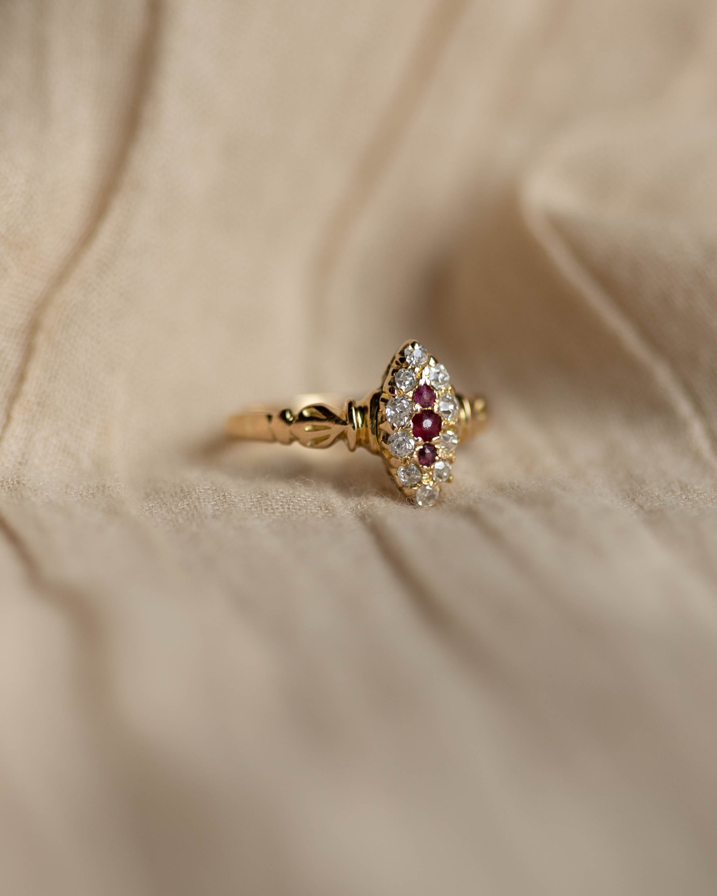 Iris Antique 18ct Gold Ruby & Diamond Marquise Cluster Ring