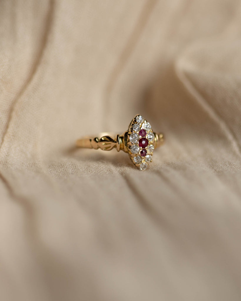 Iris Antique 18ct Gold Ruby & Diamond Marquise Cluster Ring