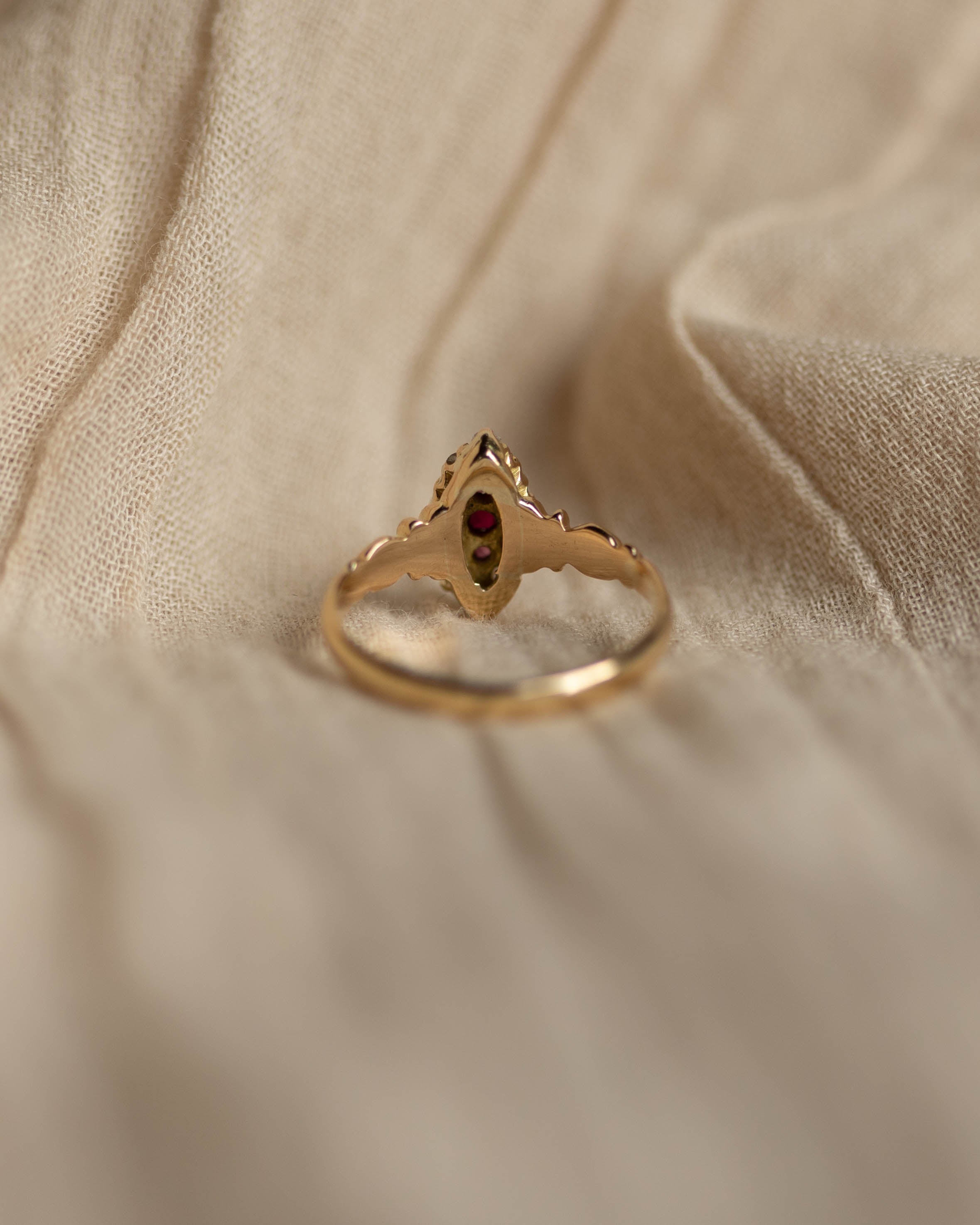 Iris Antique 18ct Gold Ruby & Diamond Marquise Cluster Ring