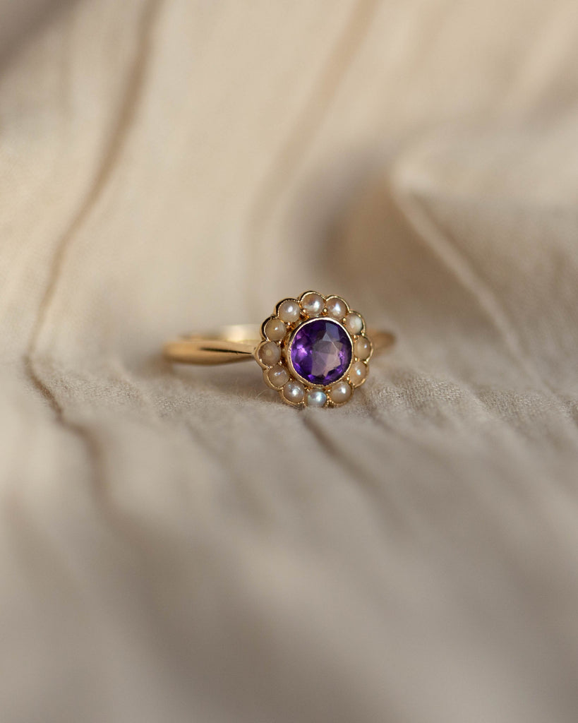 Eugenia 1938 Vintage 9ct Gold Amethyst & Pearl Daisy Cluster Ring