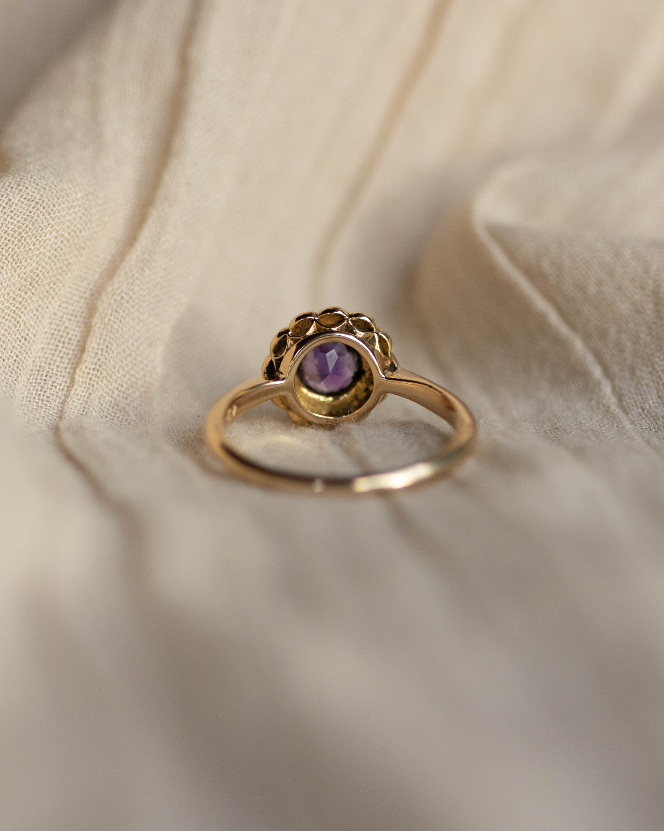 Eugenia 1938 Vintage 9ct Gold Amethyst & Pearl Daisy Cluster Ring