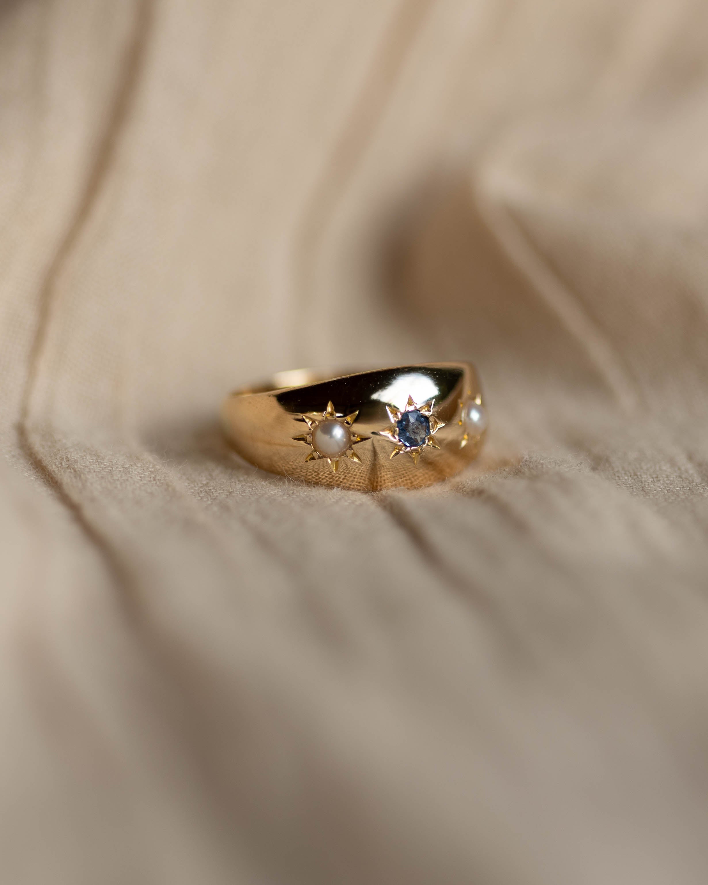 Janet Antique 18ct Gold Star Set Sapphire & Pearl Trilogy Ring