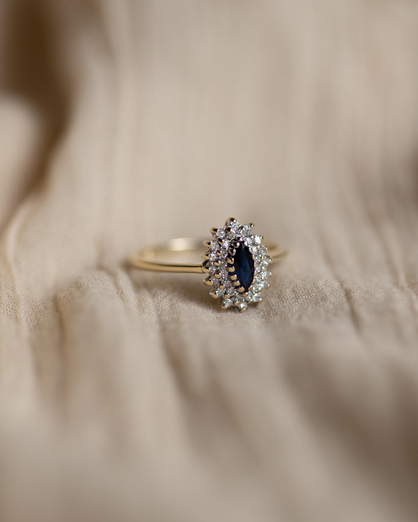 Cosima 1989 Vintage 9ct Gold Sapphire & Diamond Marquise Cluster Ring