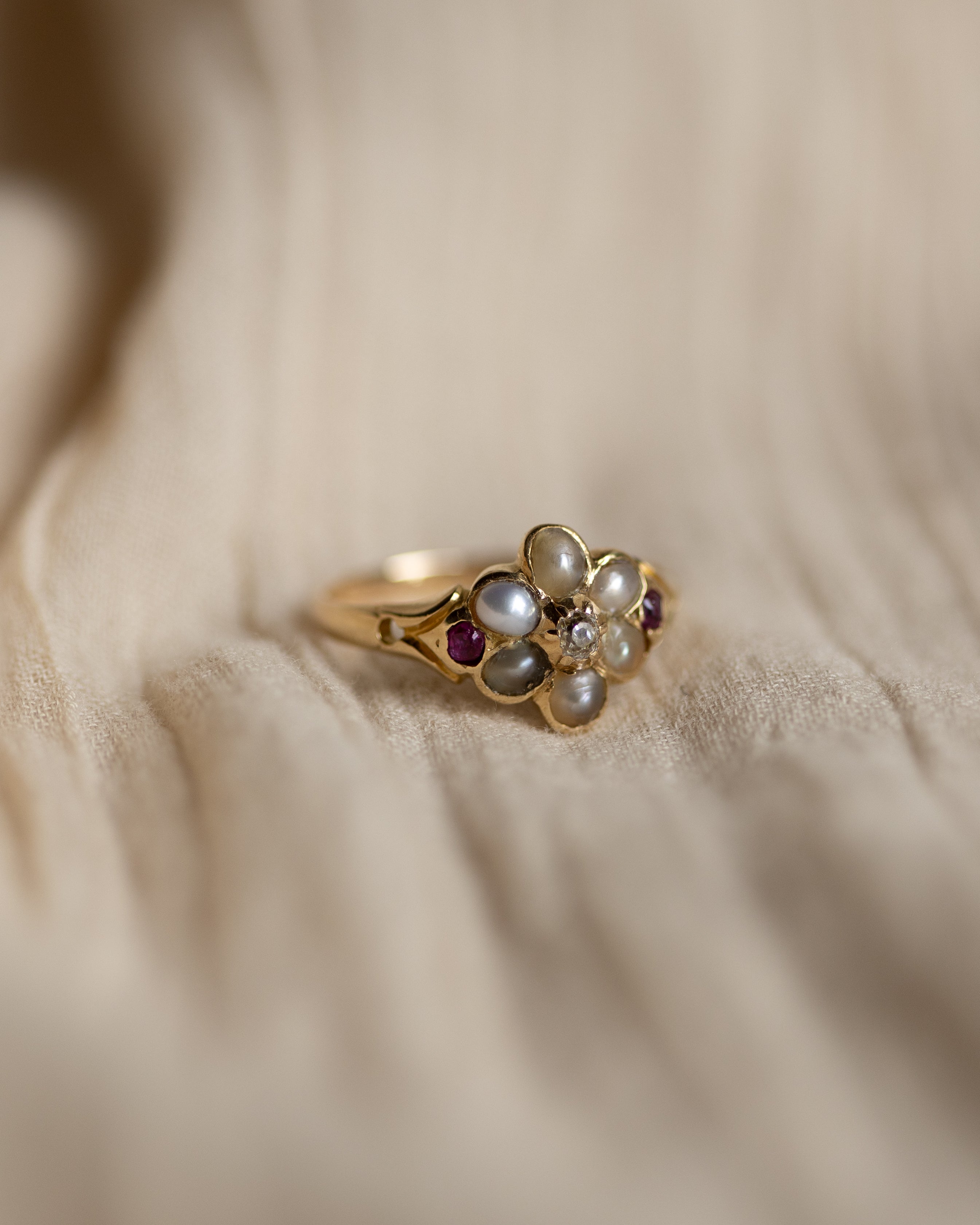 Ernestine Antique 18ct Gold Ruby, Diamond & Pearl Cluster Ring