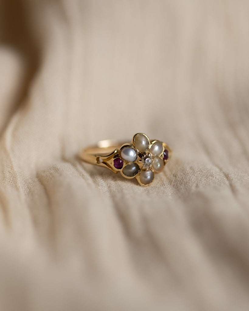 Ernestine Antique 18ct Gold Ruby, Diamond & Pearl Cluster Ring