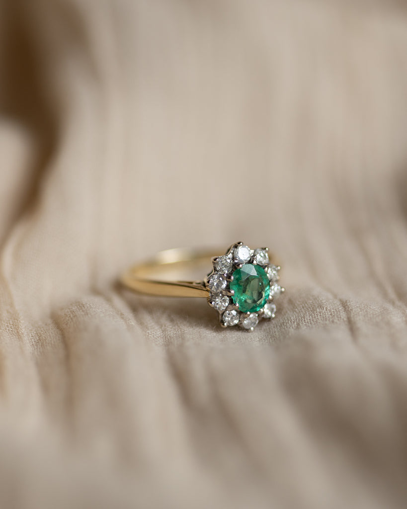 Prudence 1979 Vintage 18ct Gold Emerald & Diamond Cluster Ring