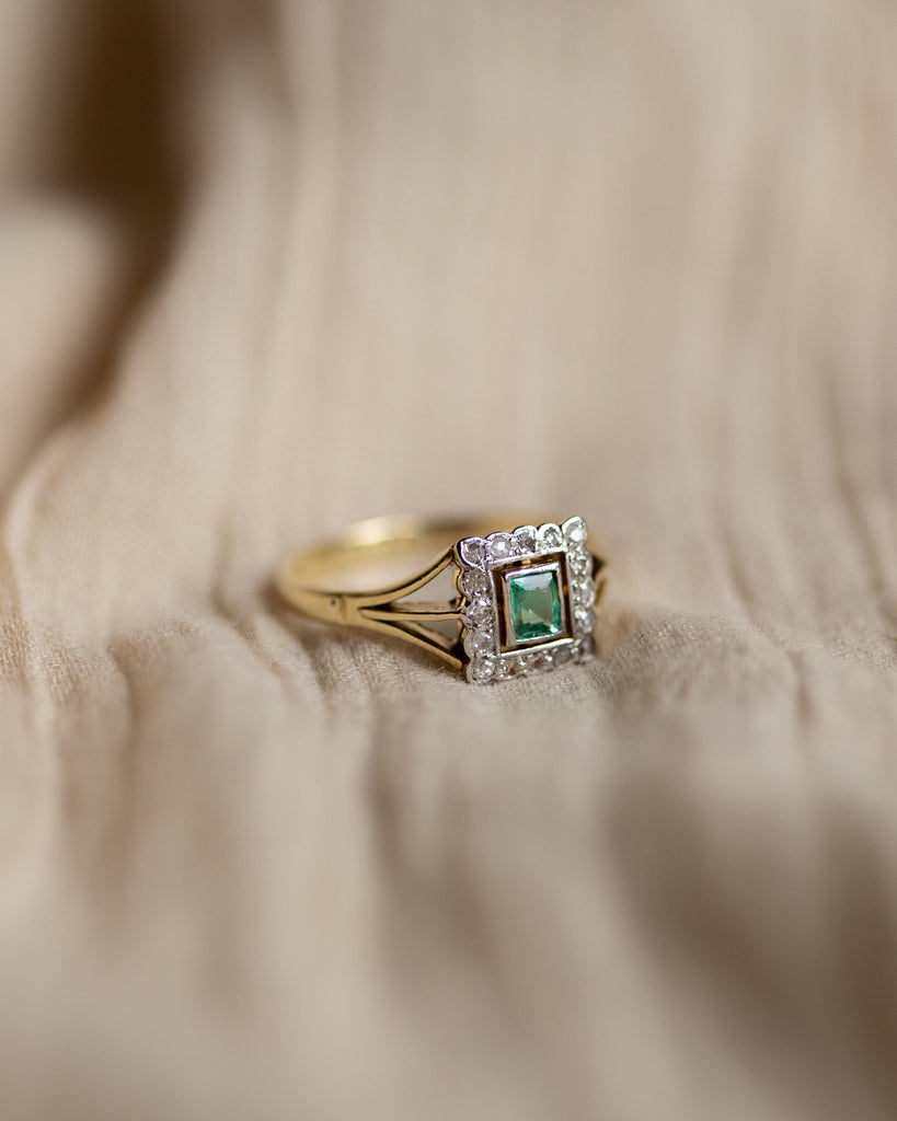 Sidonie Vintage Art Deco 18ct Gold Emerald & Diamond Cluster Ring
