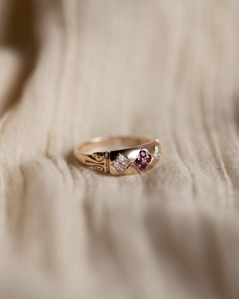 Effie 1990 Vintage 9ct Gold Ruby & Diamond Rubover Band Ring