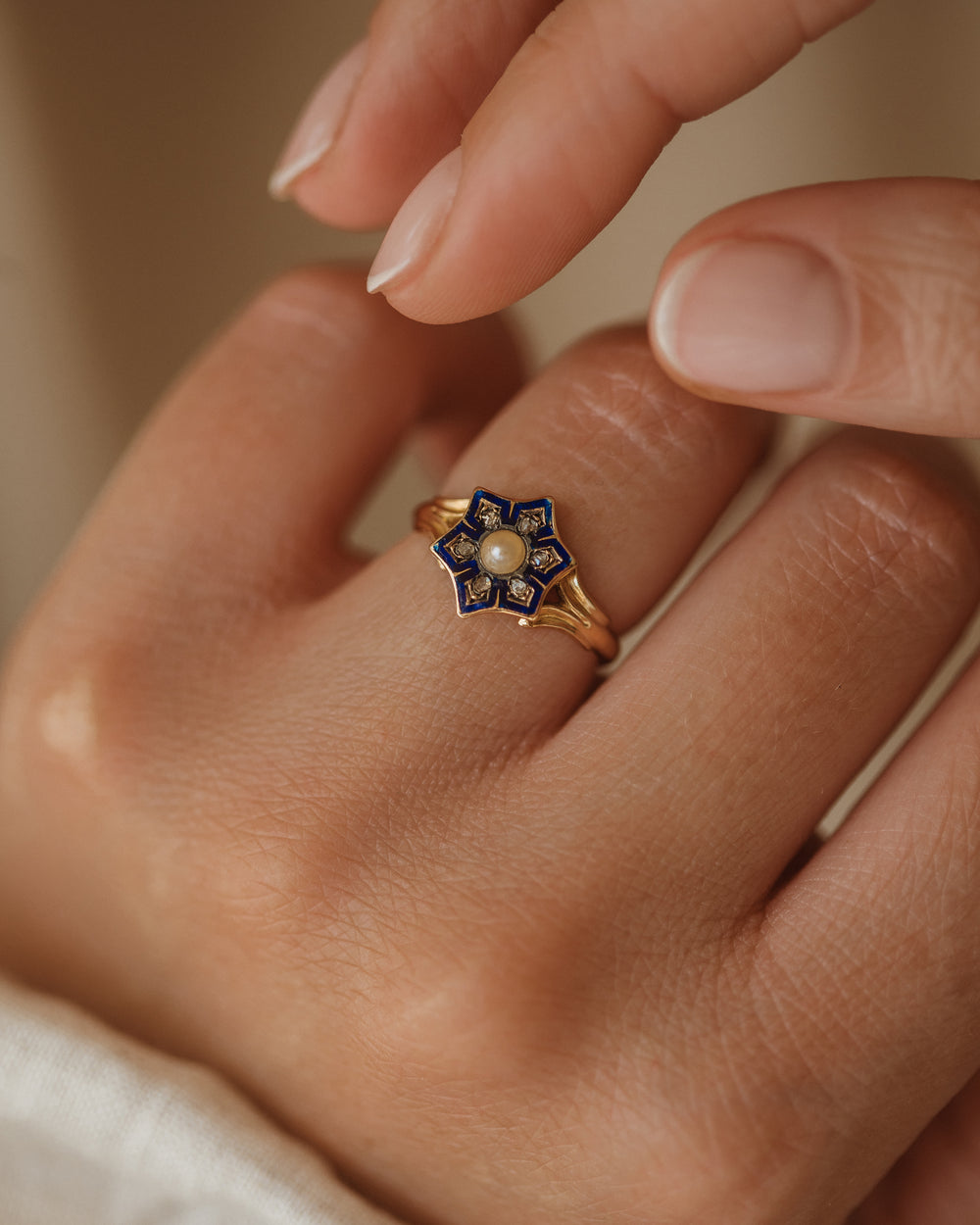 Margot 1864 Victorian 18ct Gold Enamel, Pearl & Diamond Star Ring