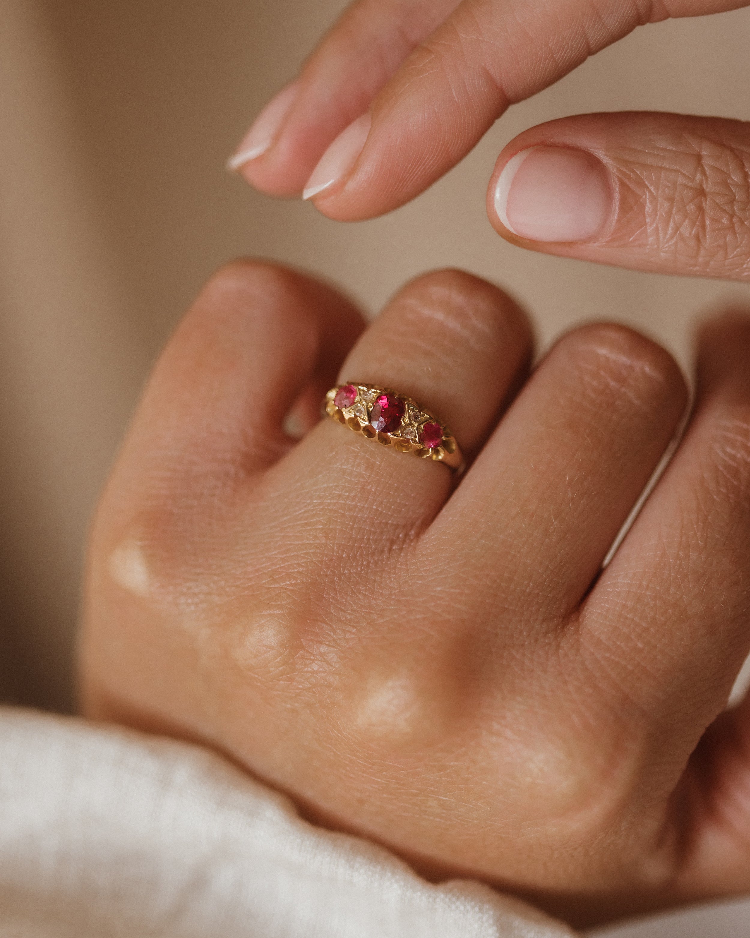 Image of Evelyn Antique 18ct Gold Ruby & Diamond Trilogy Ring