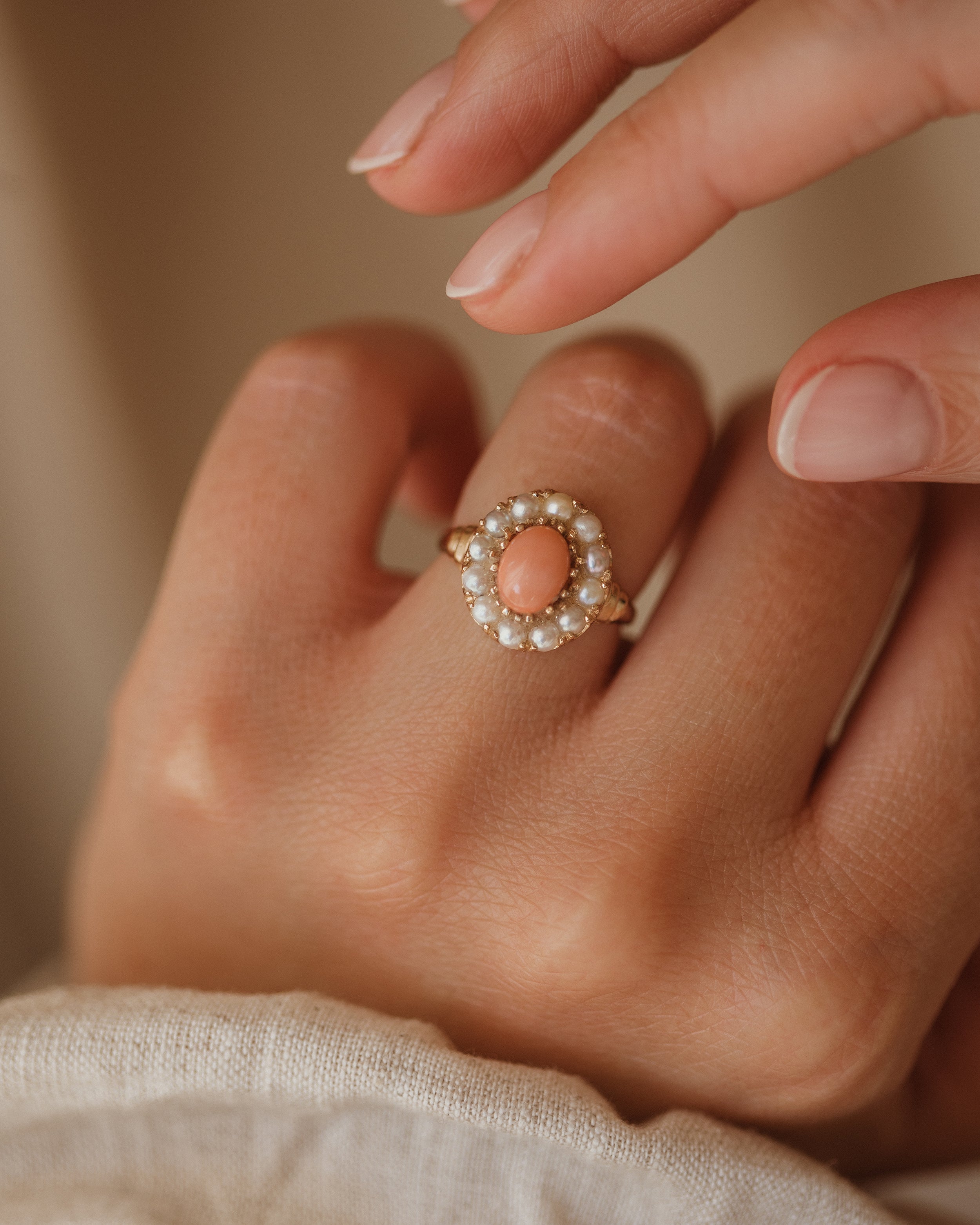 Image of Blythe 1964 9ct Gold Coral & Pearl Cluster Ring