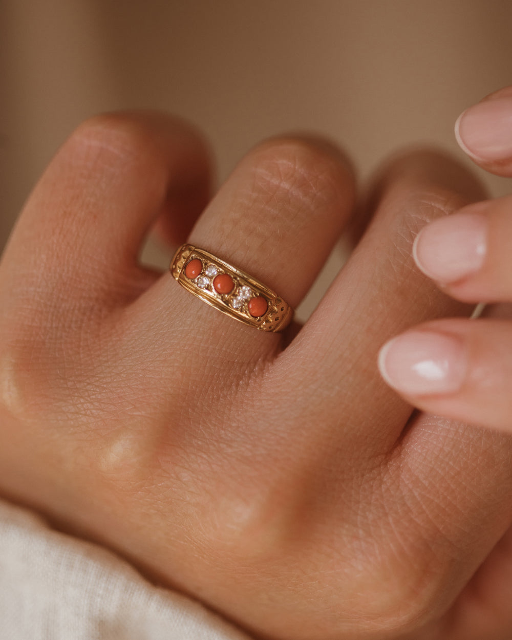 Eliza 1975 9ct Gold Coral & Diamond Ring
