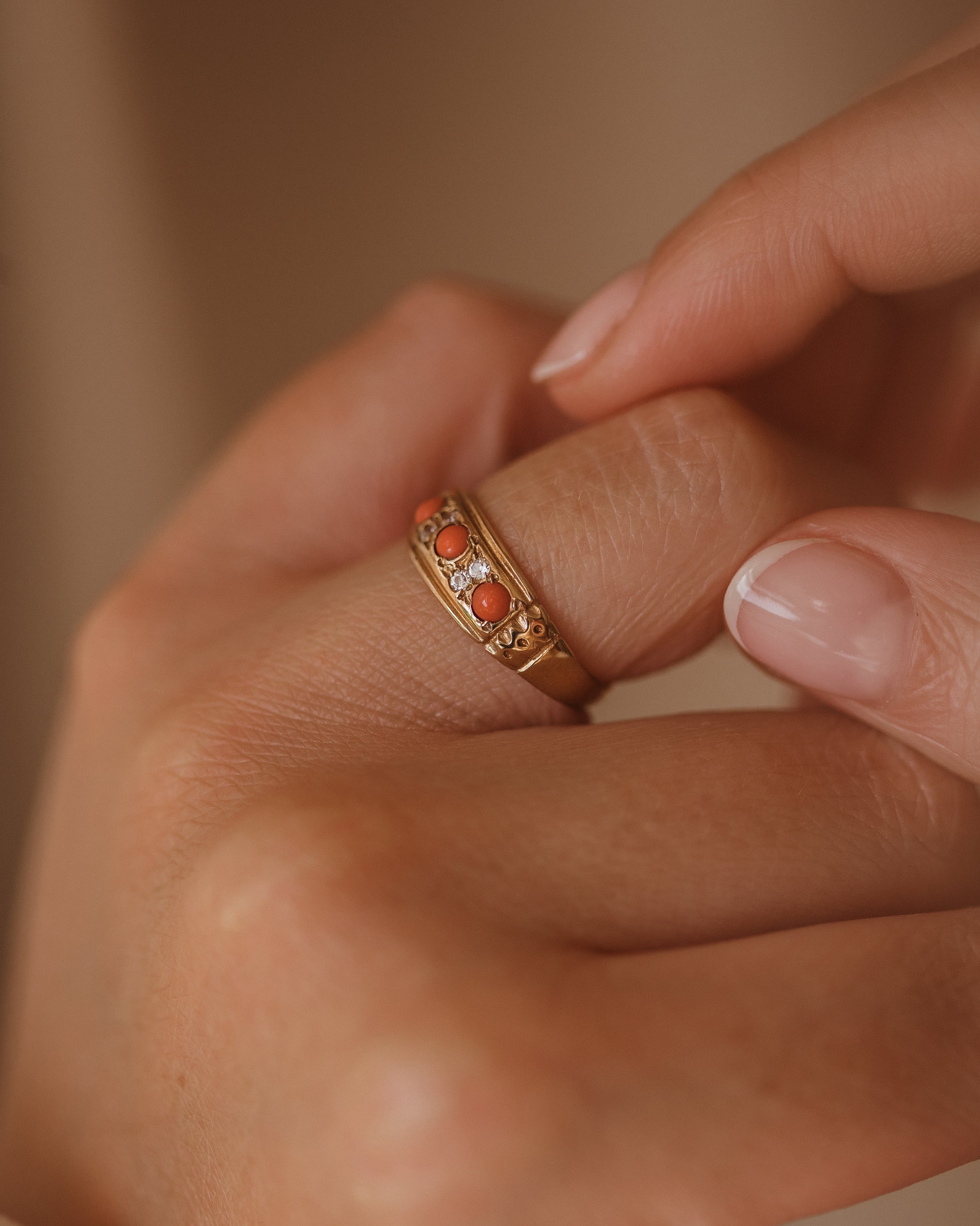 Eliza 1975 9ct Gold Coral & Diamond Ring