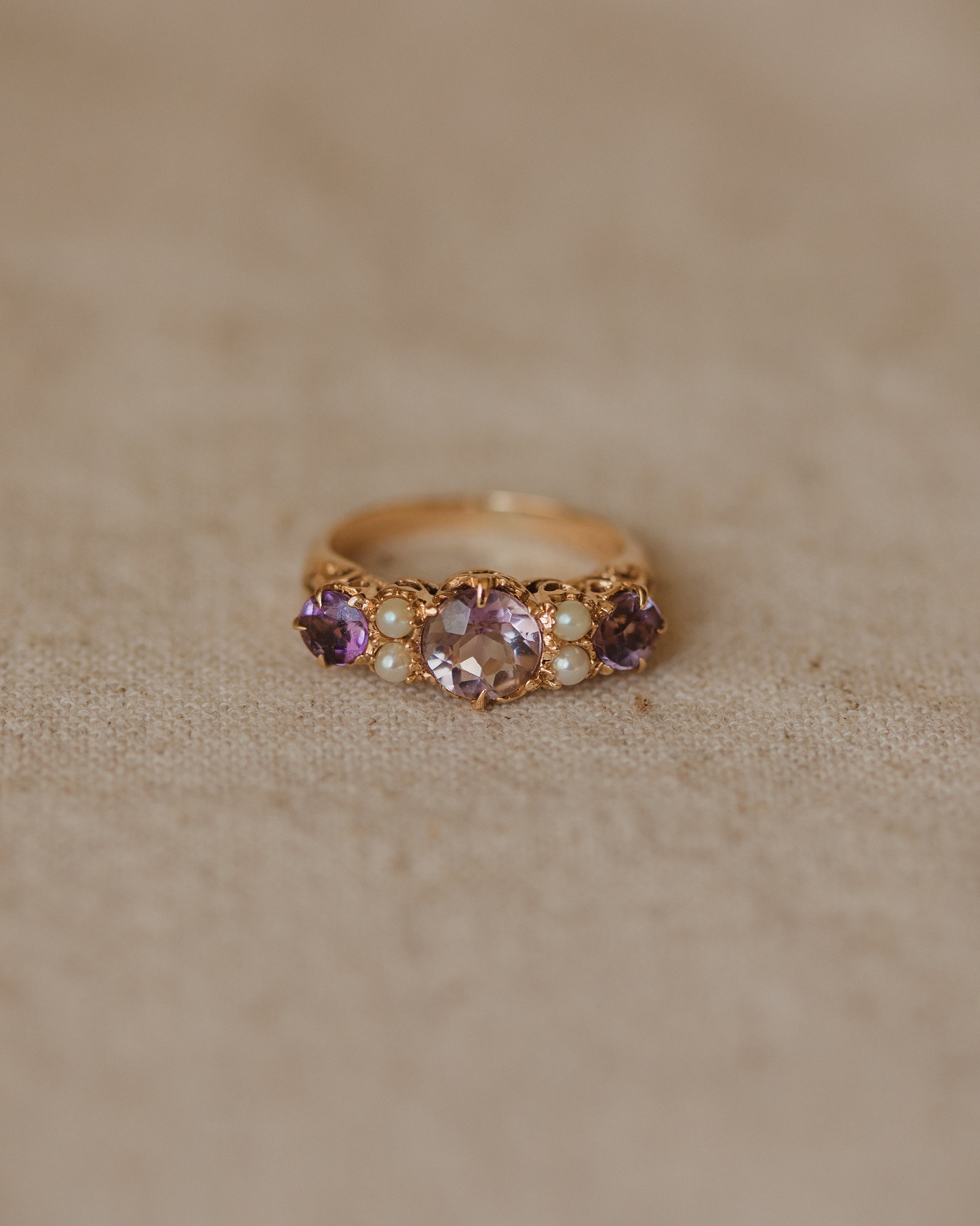 Delphine Vintage 9ct Gold Amethyst & Pearl Ring