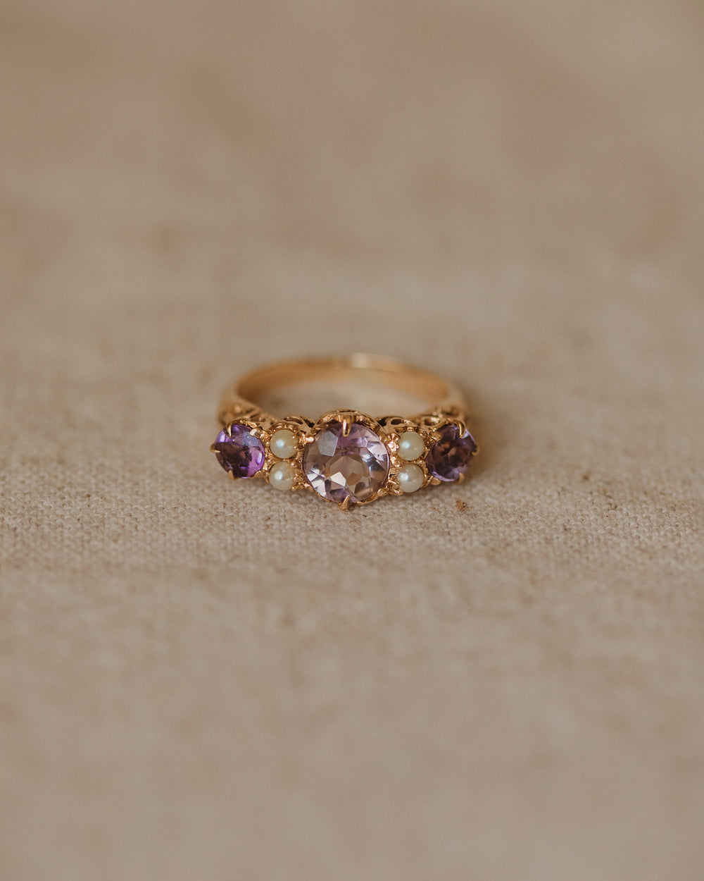 Delphine Vintage 9ct Gold Amethyst & Pearl Ring