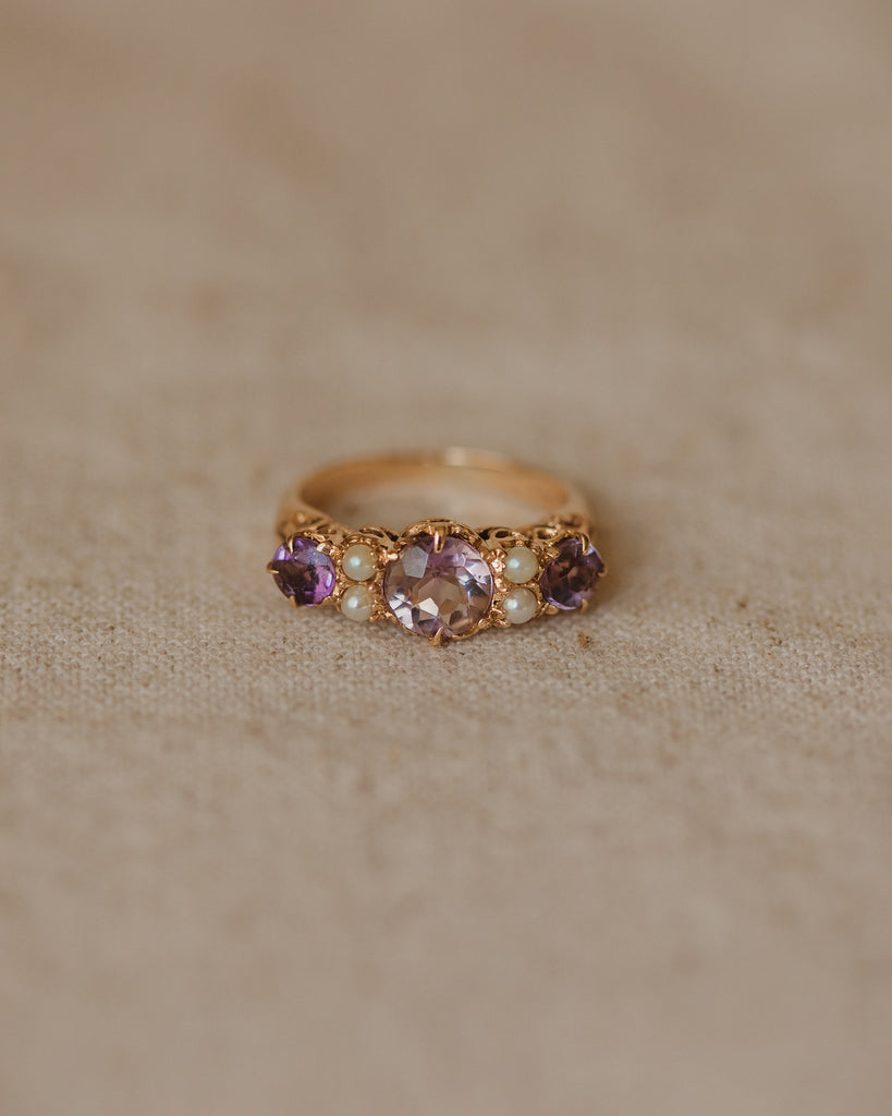 Delphine Vintage 9ct Gold Amethyst & Pearl Ring