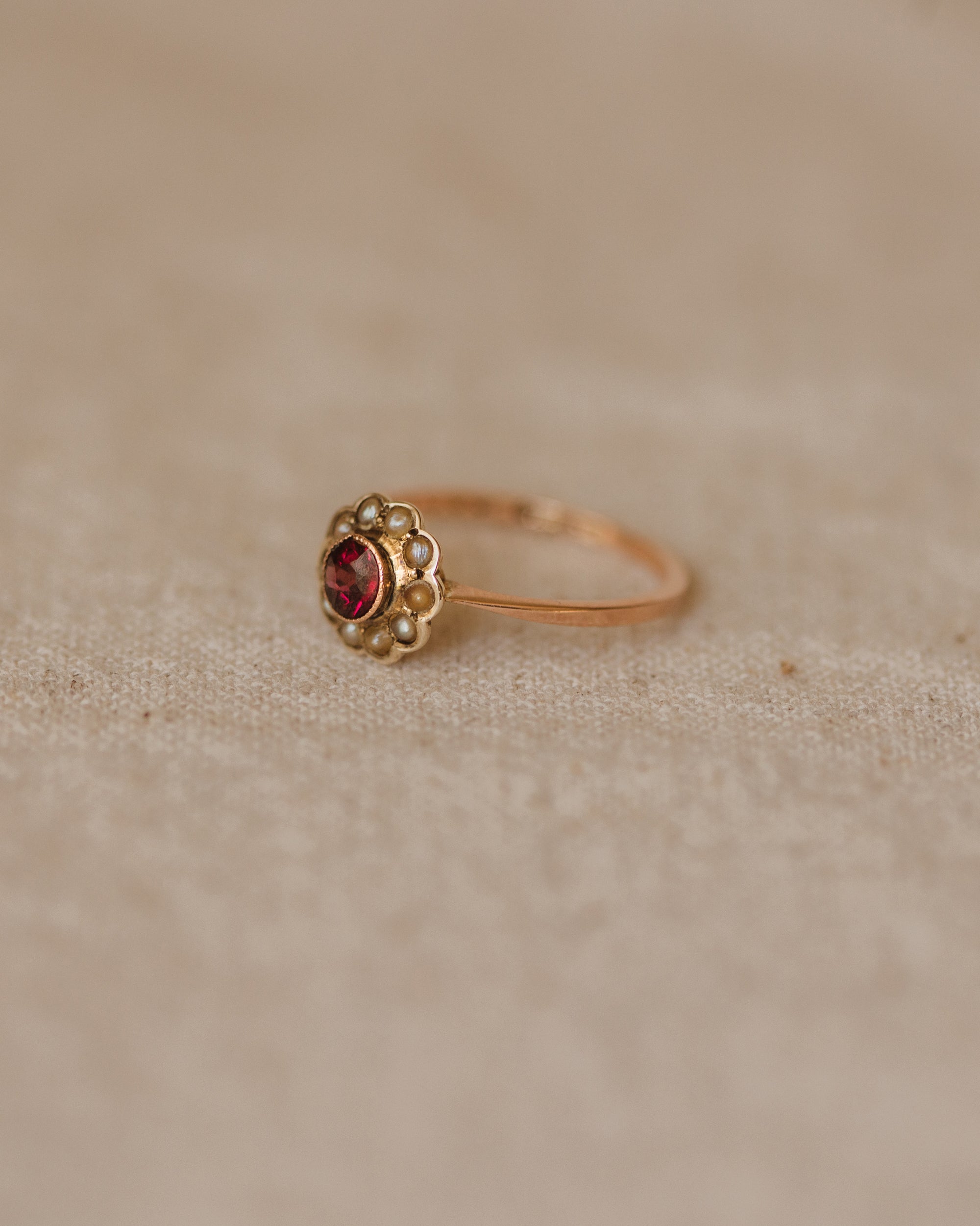 Ethel 1919 9ct Gold Garnet & Pearl Flower Cluster Ring