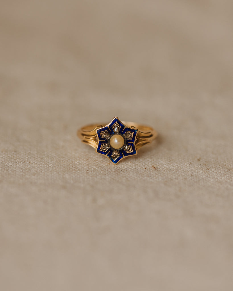 Margot 1864 Victorian 18ct Gold Enamel, Pearl & Diamond Star Ring