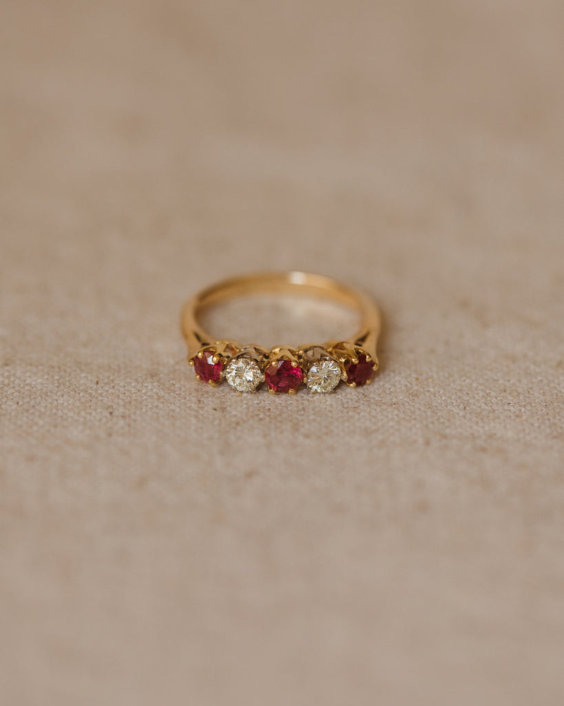 Agnes Vintage 18ct Gold Ruby & Diamond Five Stone Ring