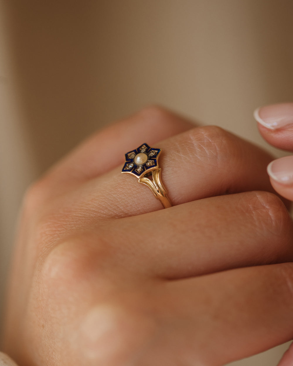 Margot 1864 Victorian 18ct Gold Enamel, Pearl & Diamond Star Ring