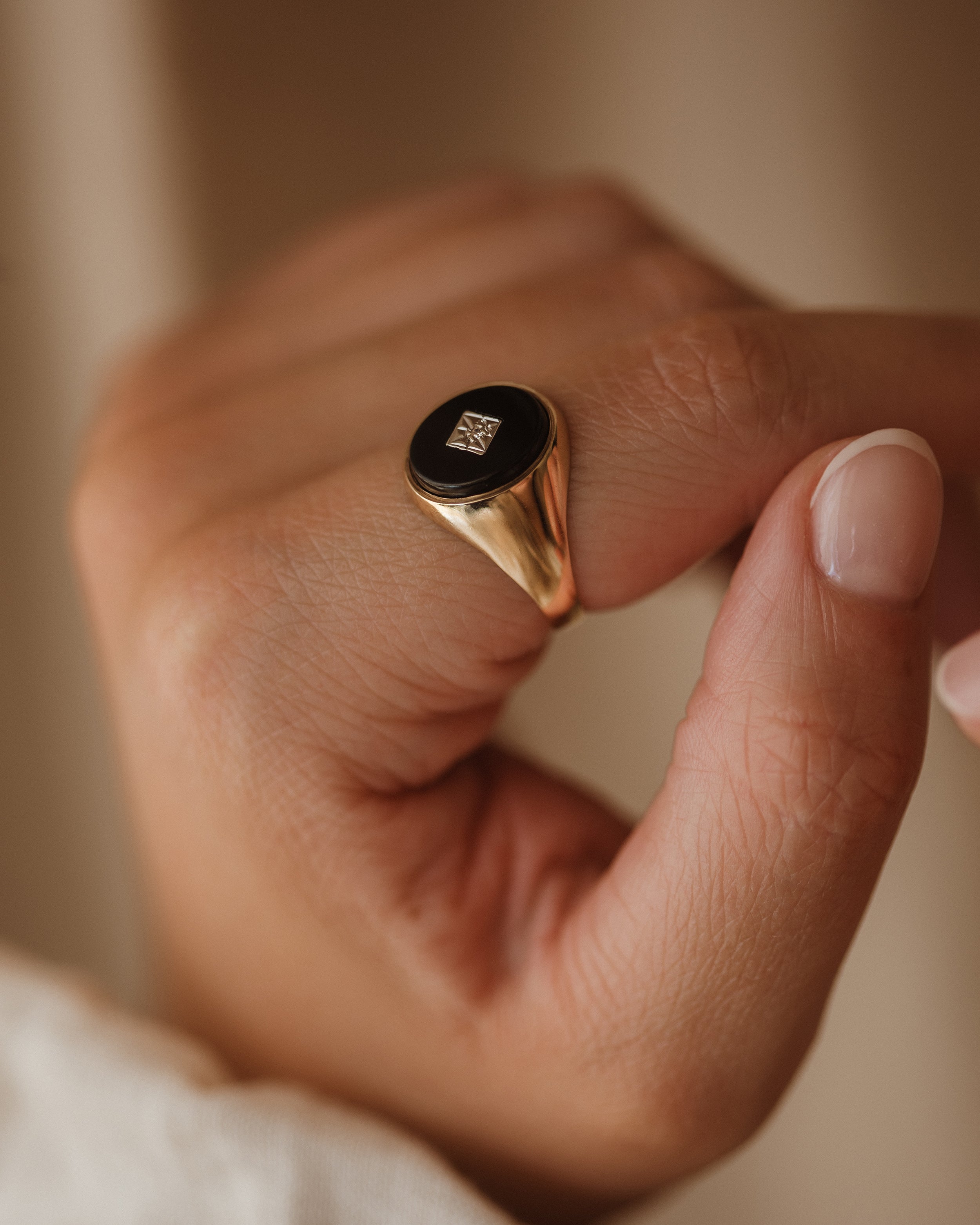 Image of Ramona 1989 9ct Gold Onyx & Diamond Signet Ring