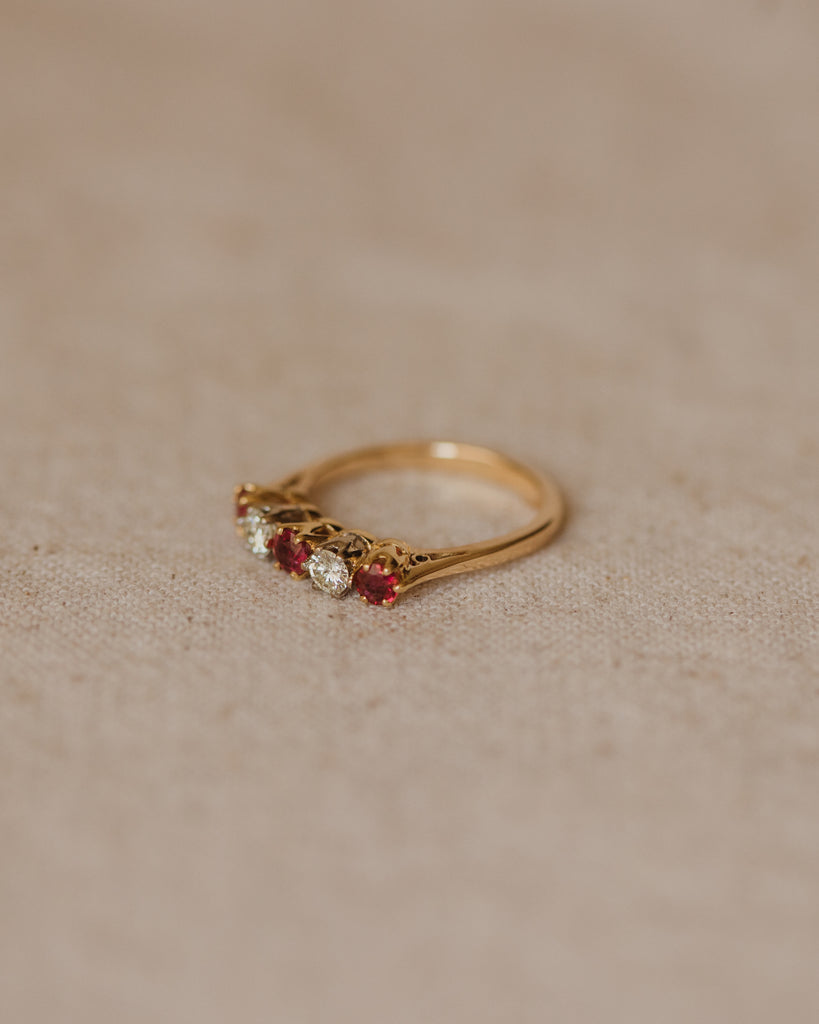 Agnes Vintage 18ct Gold Ruby & Diamond Five Stone Ring