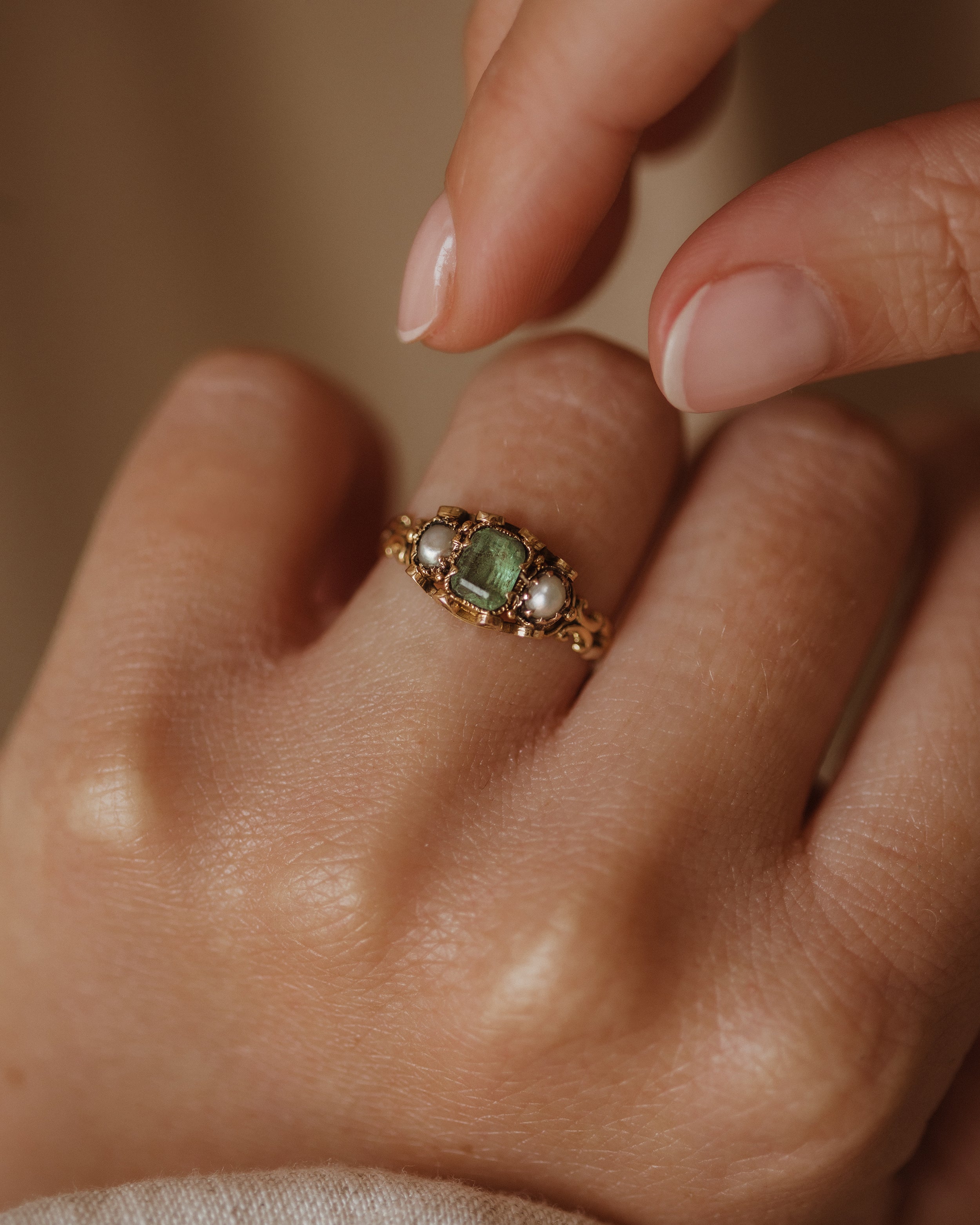 Constance Antique 18ct Gold Emerald & Pearl Ring