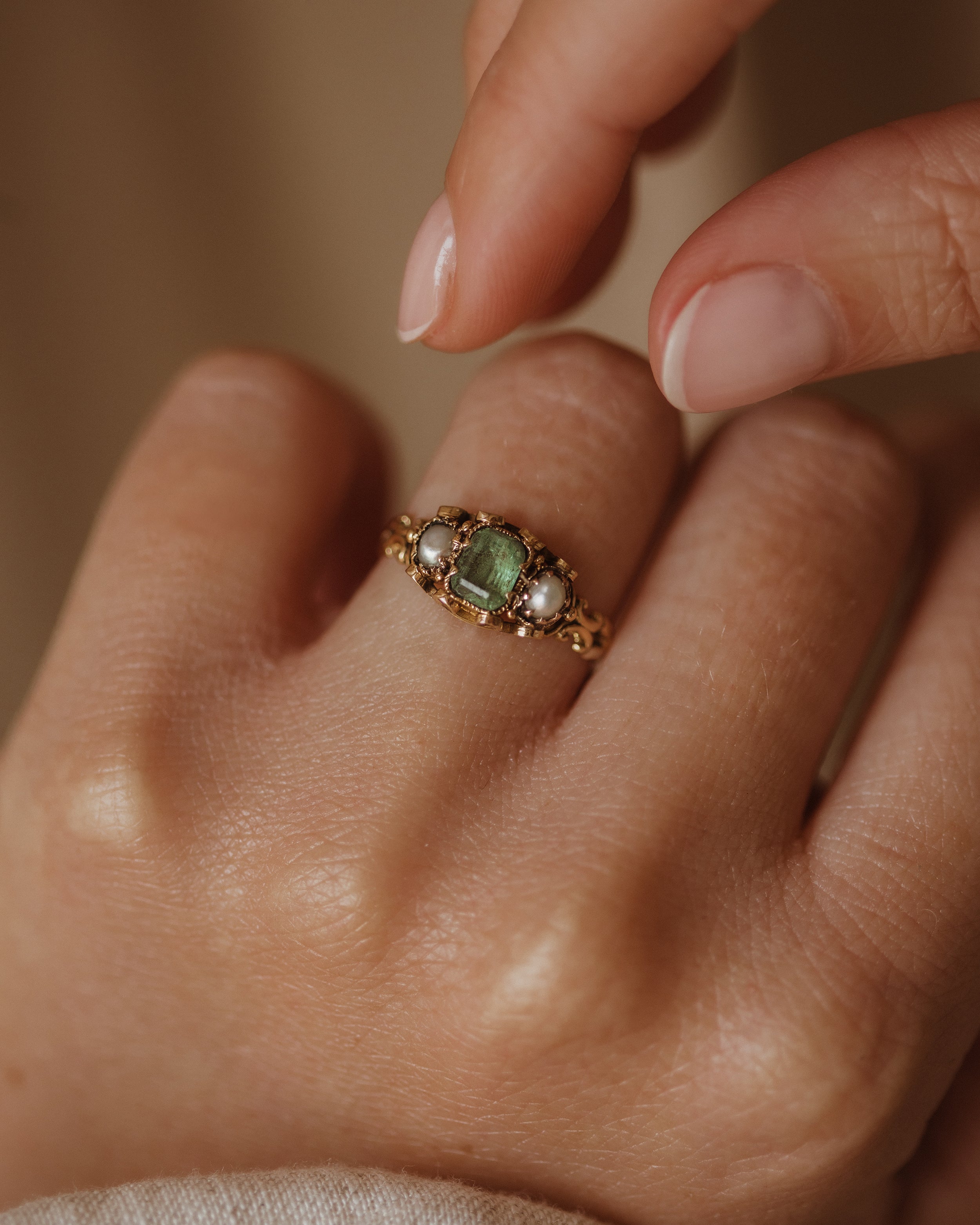 Image of Constance Antique 18ct Gold Emerald & Pearl Ring
