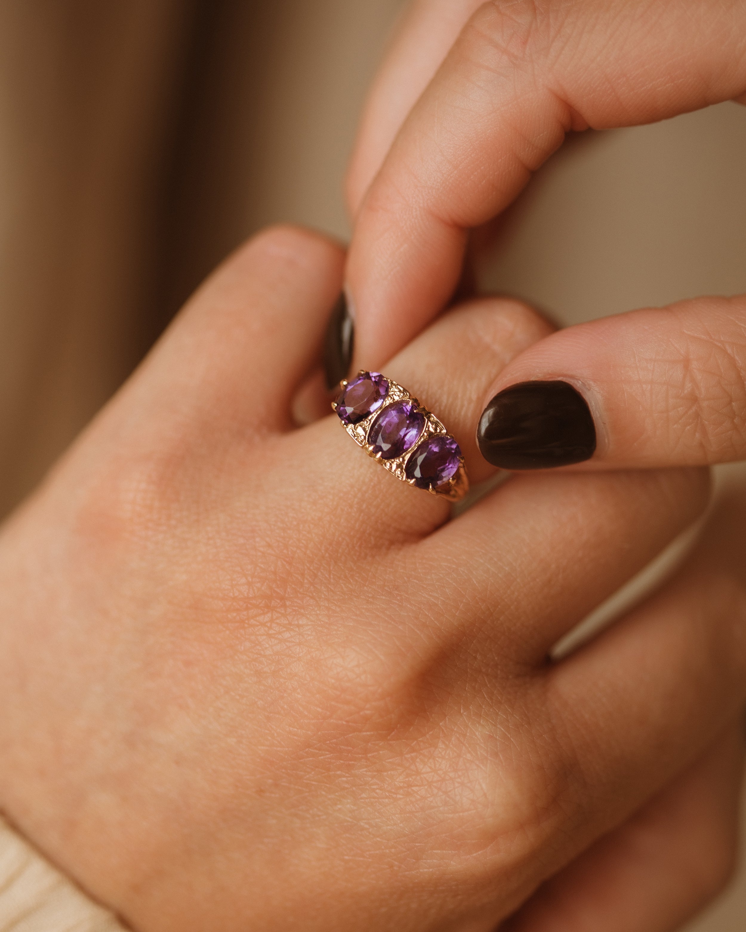 Image of Virgie Vintage 9ct Gold Amethyst Trilogy Ring
