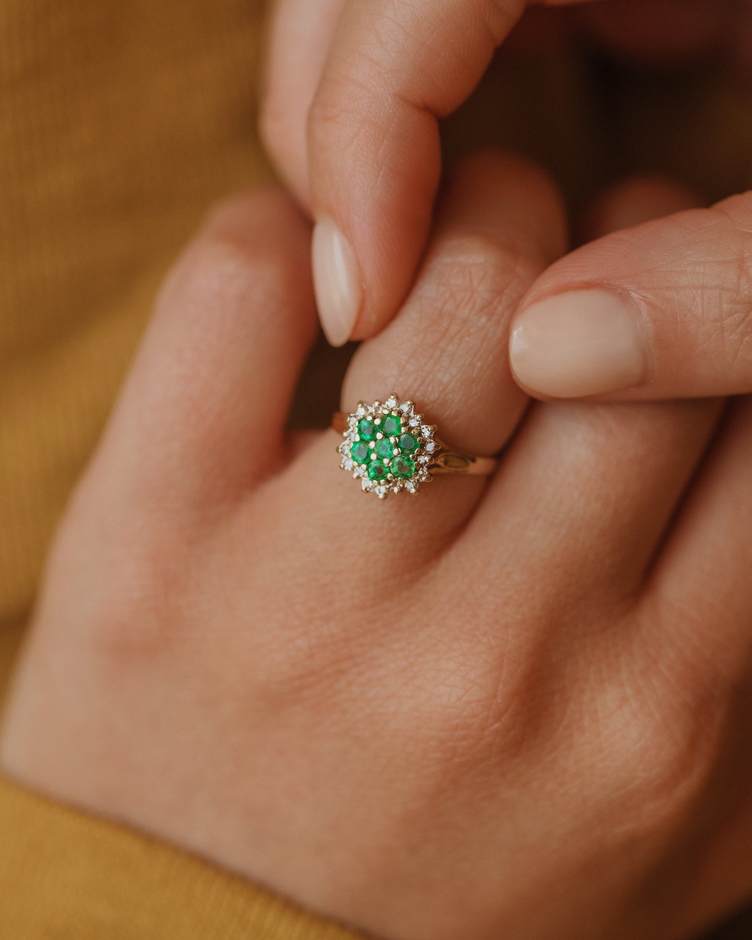 Image of Selina 1986 9ct Gold Emerald & Diamond Cluster Ring