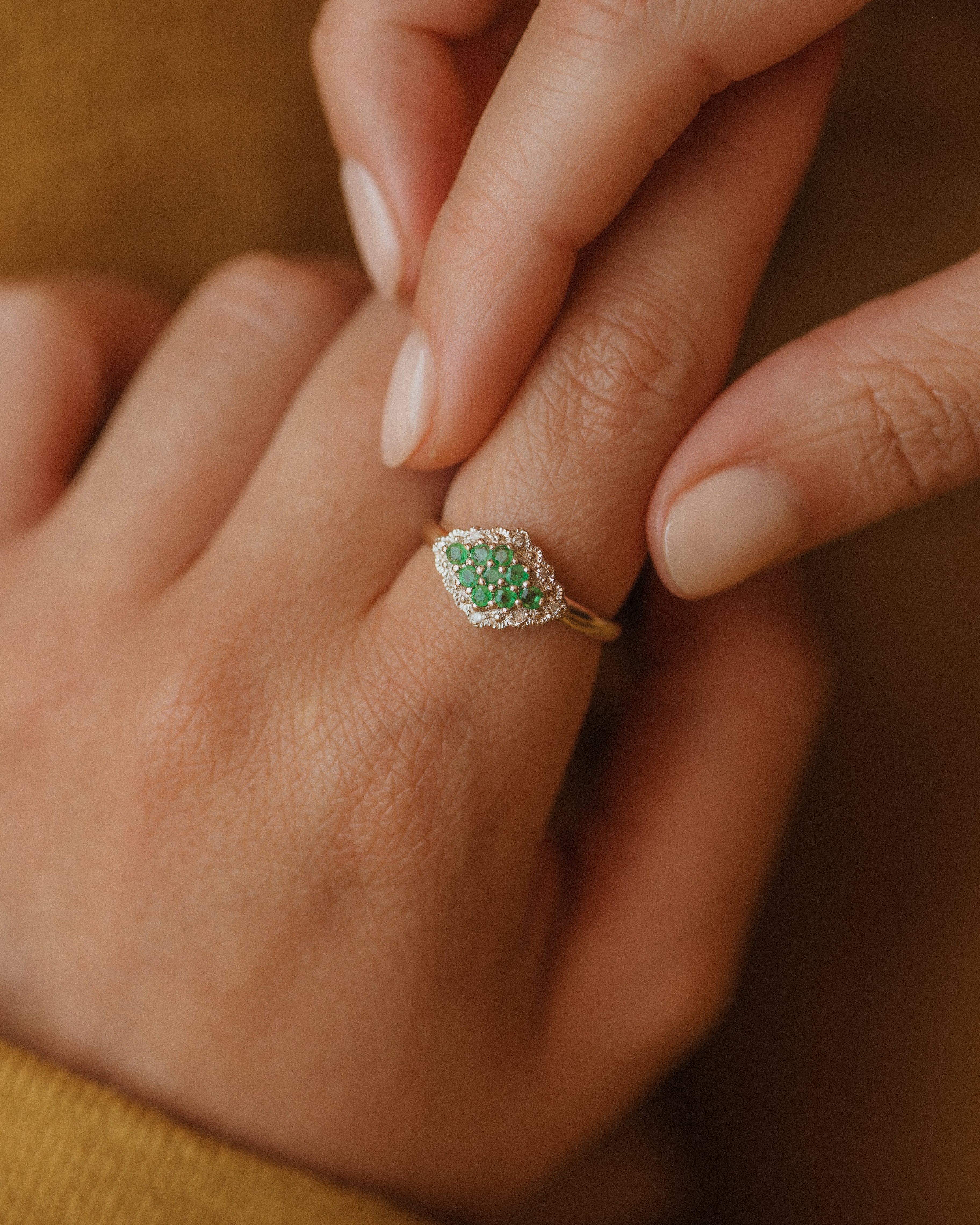 Image of Eugenie Vintage 9ct Gold Emerald & Diamond Cluster Ring